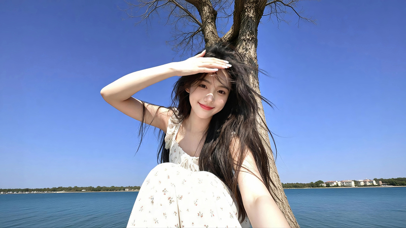 江边 树 晴空美女电脑壁纸