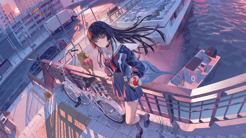 长发女孩 齐刘海 站立 围栏 单车 动漫电脑壁纸