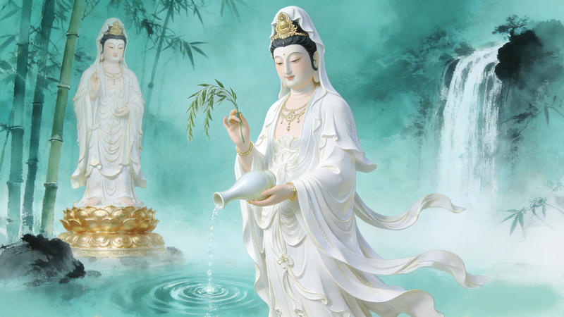 观音菩萨玉净瓶竹林瀑布竹叶电脑壁纸免费下载