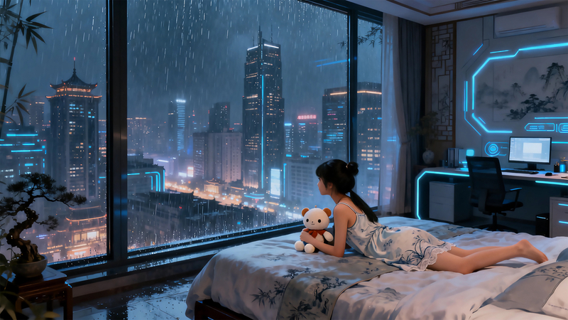 赛博朋克 房间 小女孩 小熊 玻璃窗 雨夜 动漫壁纸
