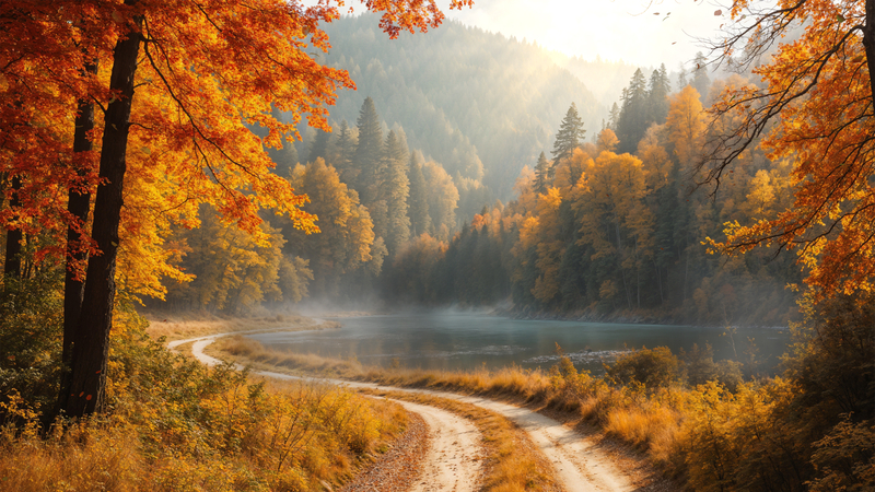 秋天的森林小路，湖边风景桌面壁纸