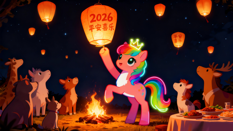 2026平安喜乐 晚上 孔明灯 小马 动物们庆祝新年壁纸