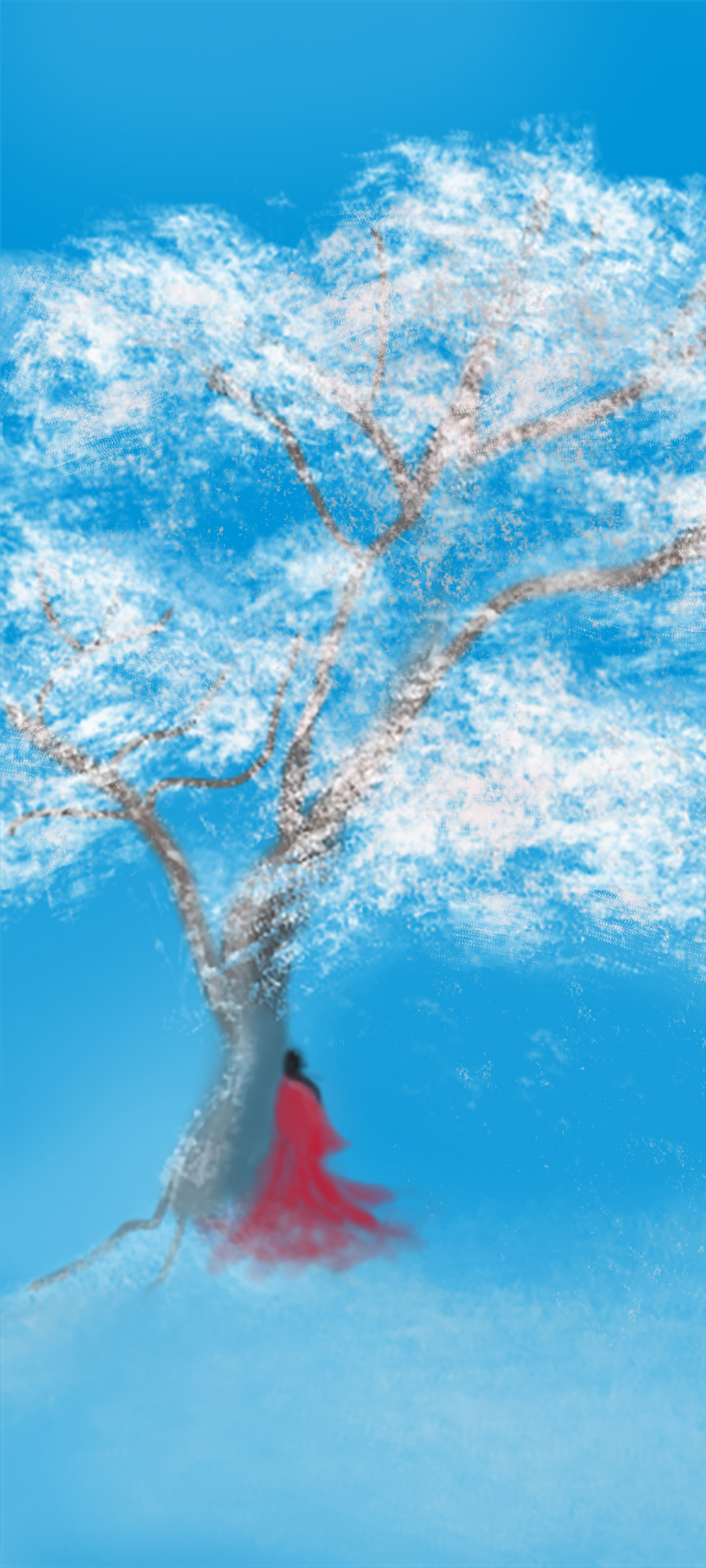 红衣女子雪中倩影，唯美树景手机壁纸，免费下载
