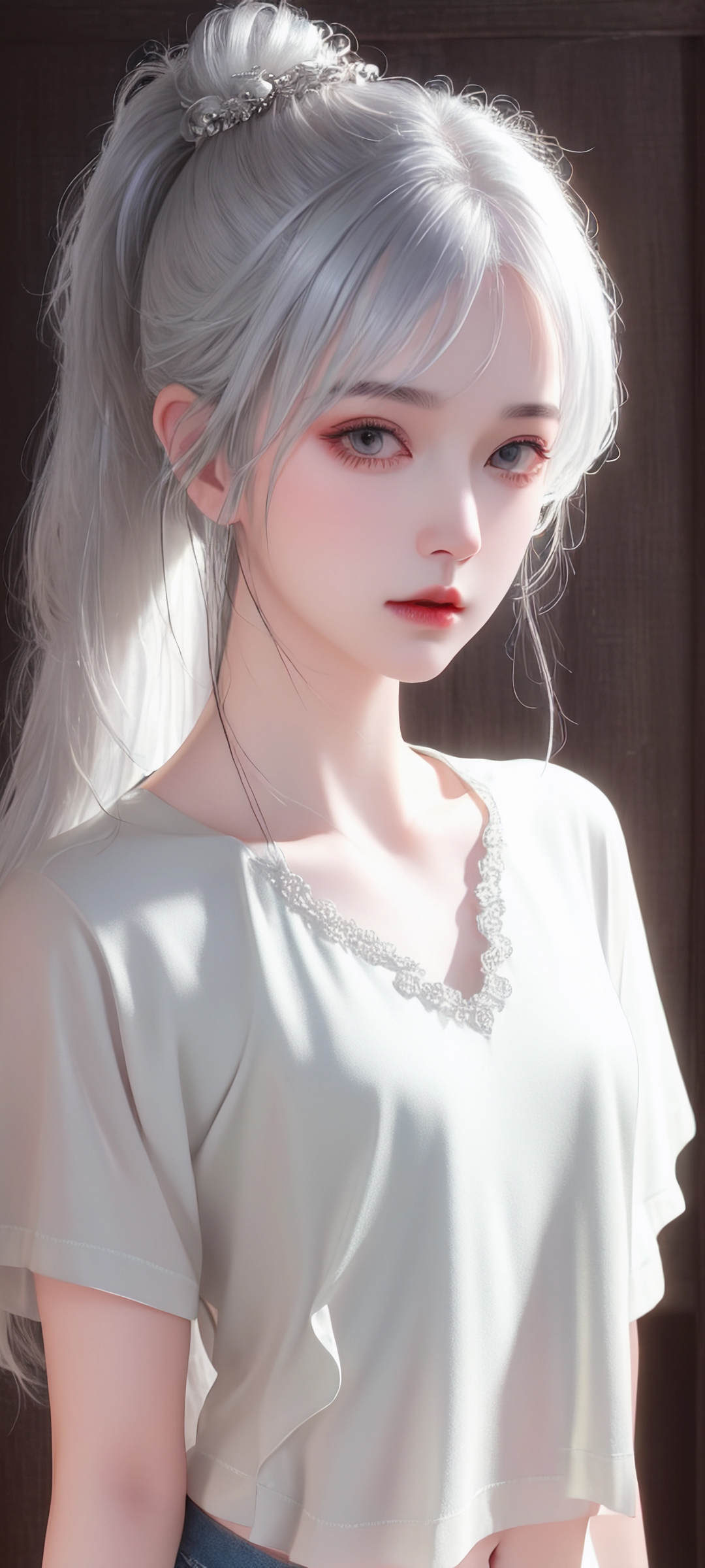 白色马尾辫动漫美女，白衣飘飘，精选AI动漫手机壁纸免费下载