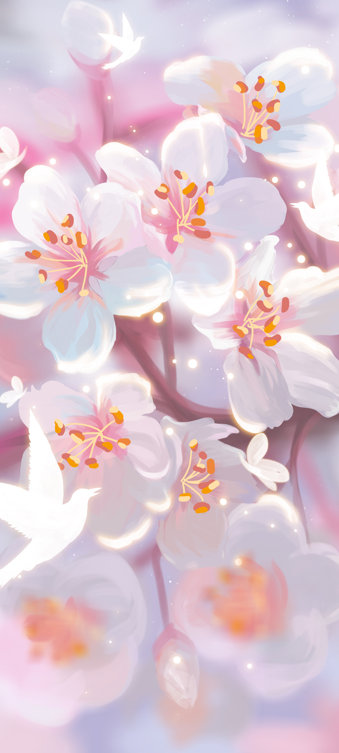 手绘鲜花、花瓣与鸟儿，绝美手机壁纸免费下载，风景如画！