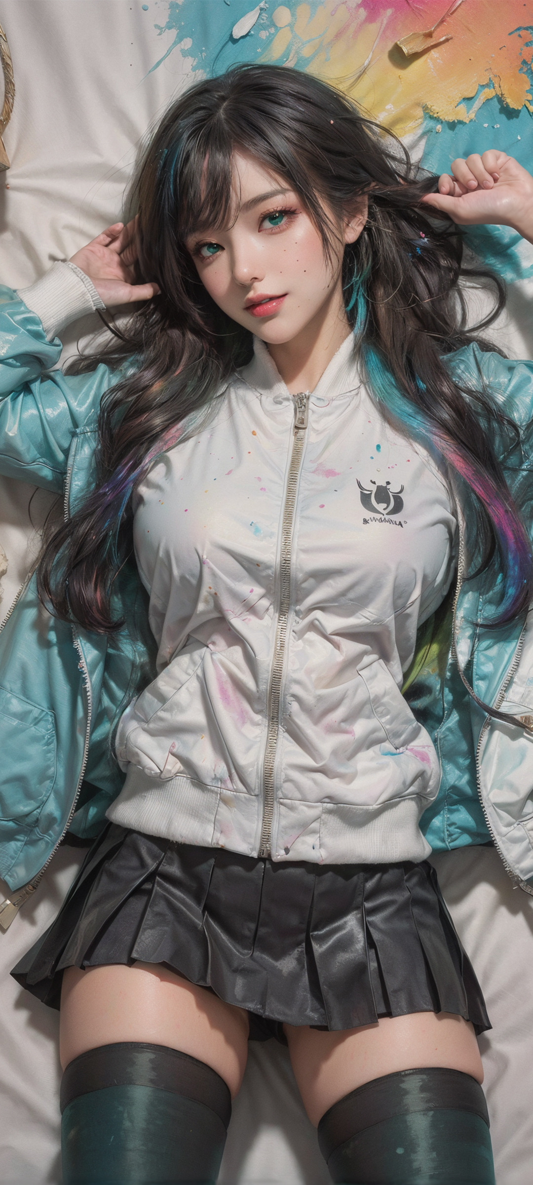 AI绘动漫美女，蓝色外套配黑裙，高清免费手机壁纸下载