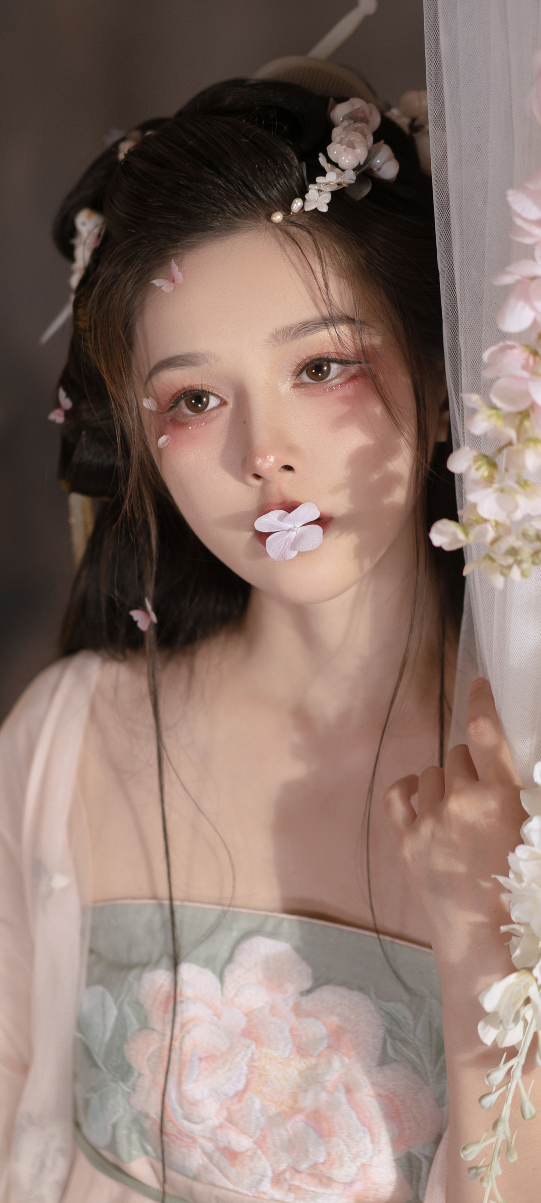 古韵花影，古装美女含花壁纸，免费下载美化手机界面