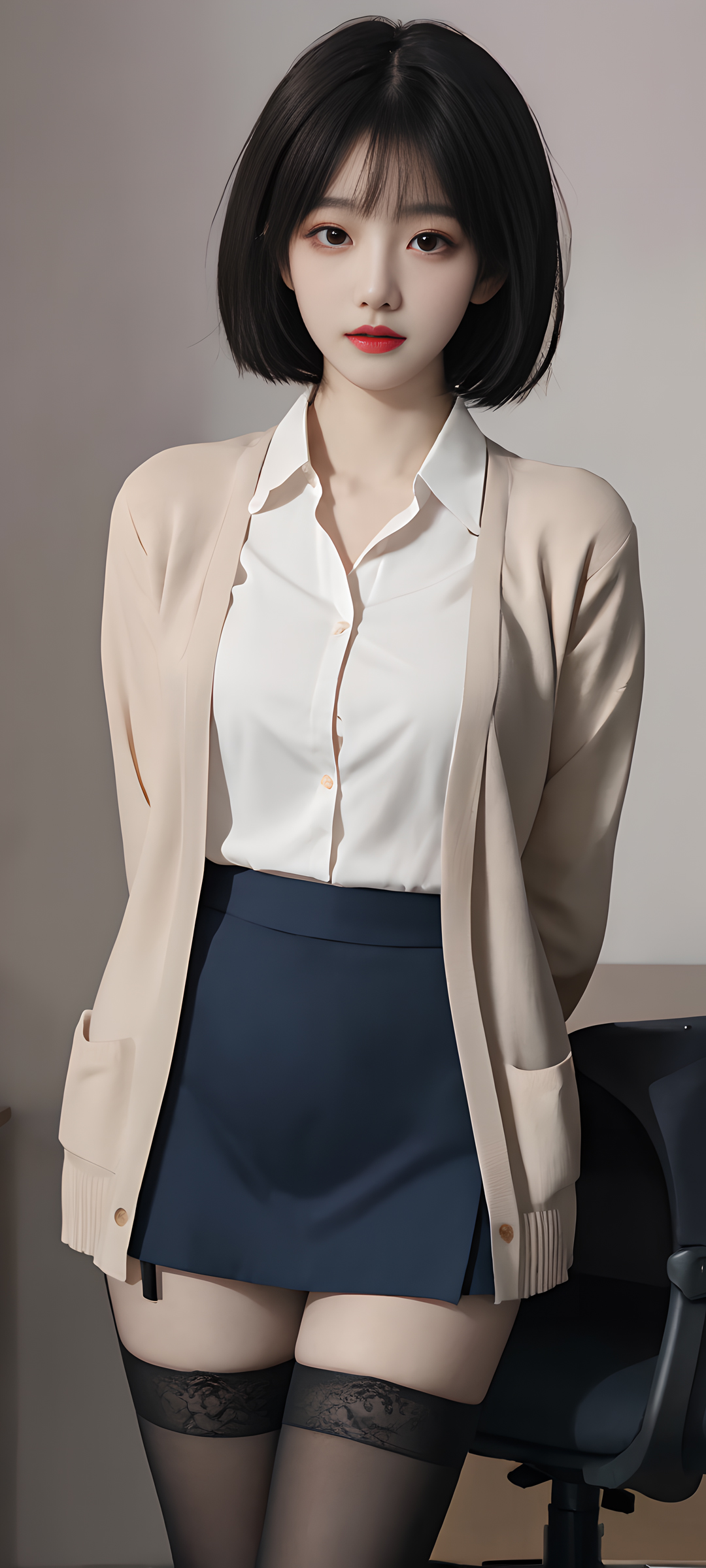 短发AI美女壁纸，黑裤袜丝袜风情，动漫风格手机壁纸免费下载