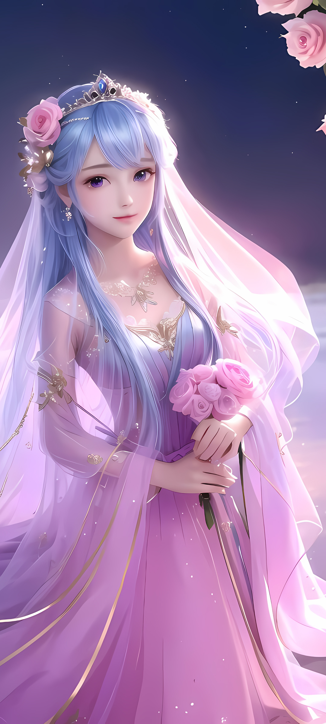 粉色裙摆飘逸，头纱轻裹动漫美女，精选免费手机壁纸下载
