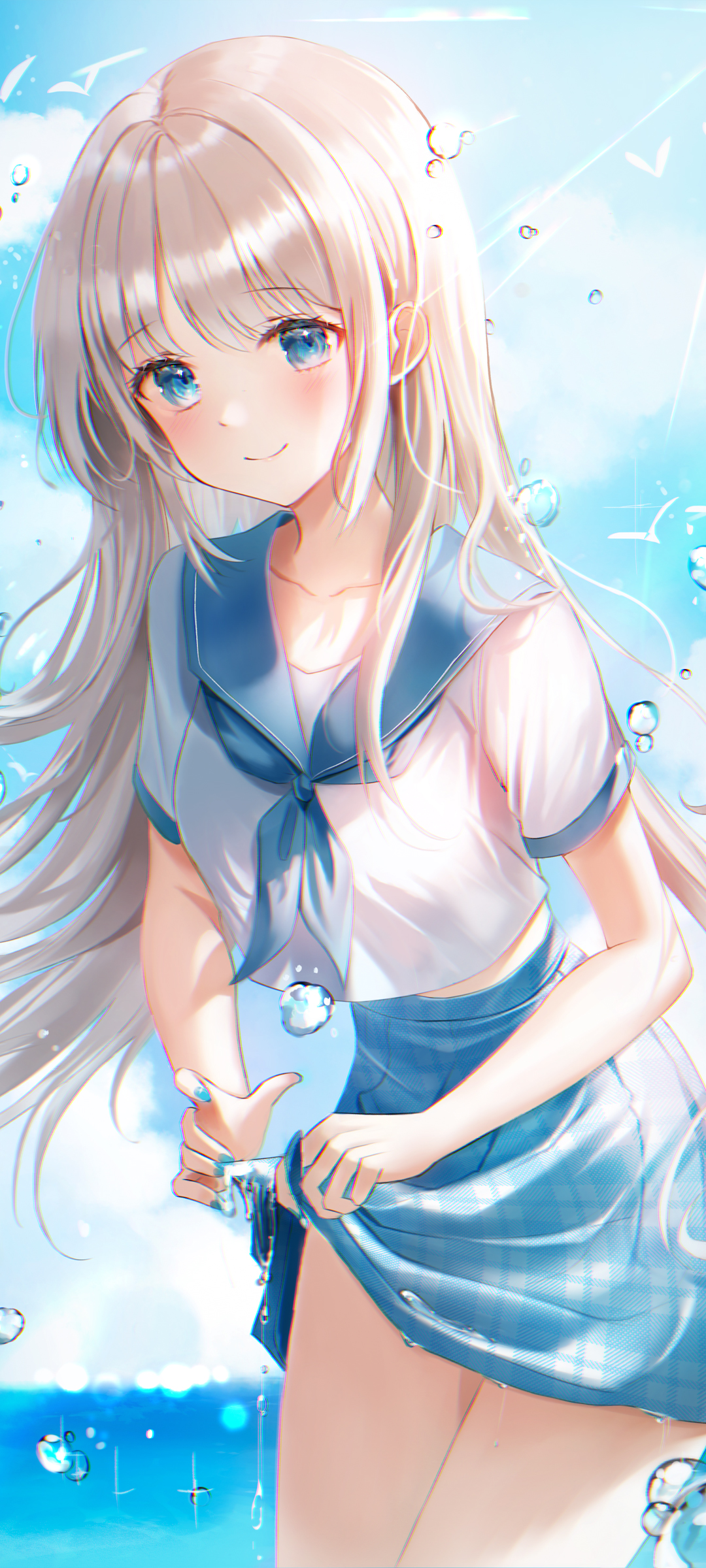 动漫长发水手服女孩，大海背景手机壁纸，免费下载！