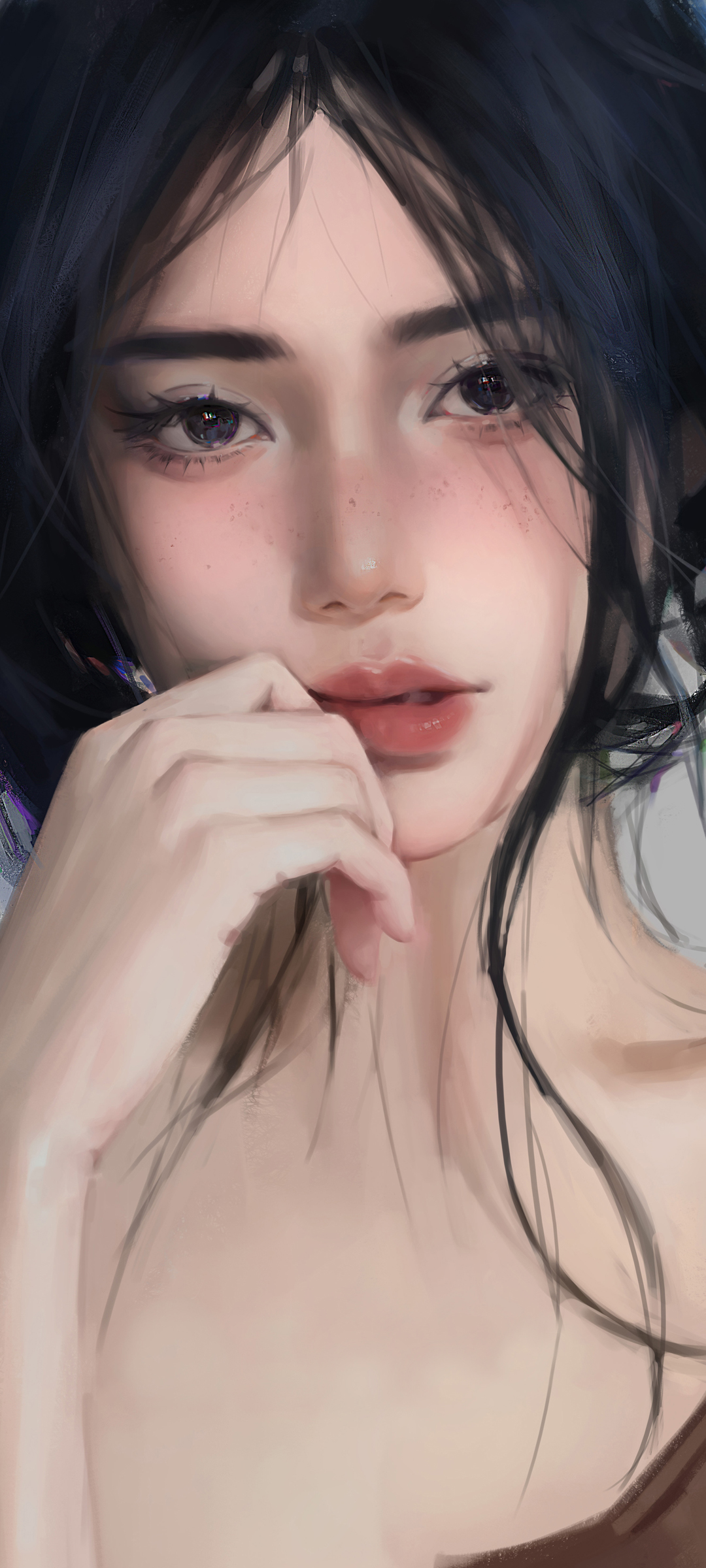 高清动漫美女手机壁纸，黑眸长发，厚涂风格，免费下载