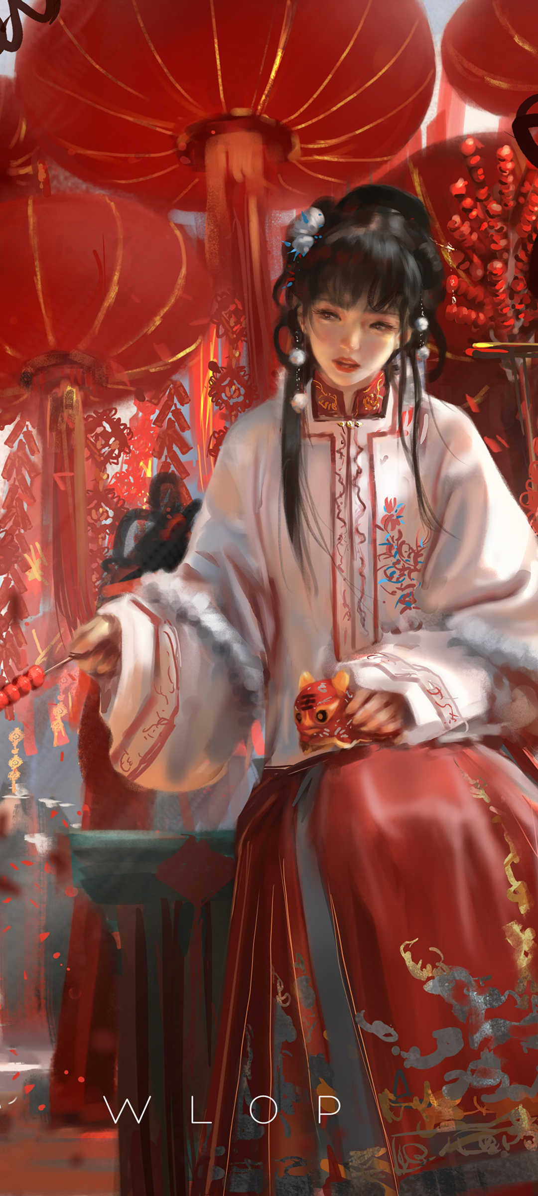 春节佳节灯笼映，古装美女鬼刀美，手机壁纸免费下载