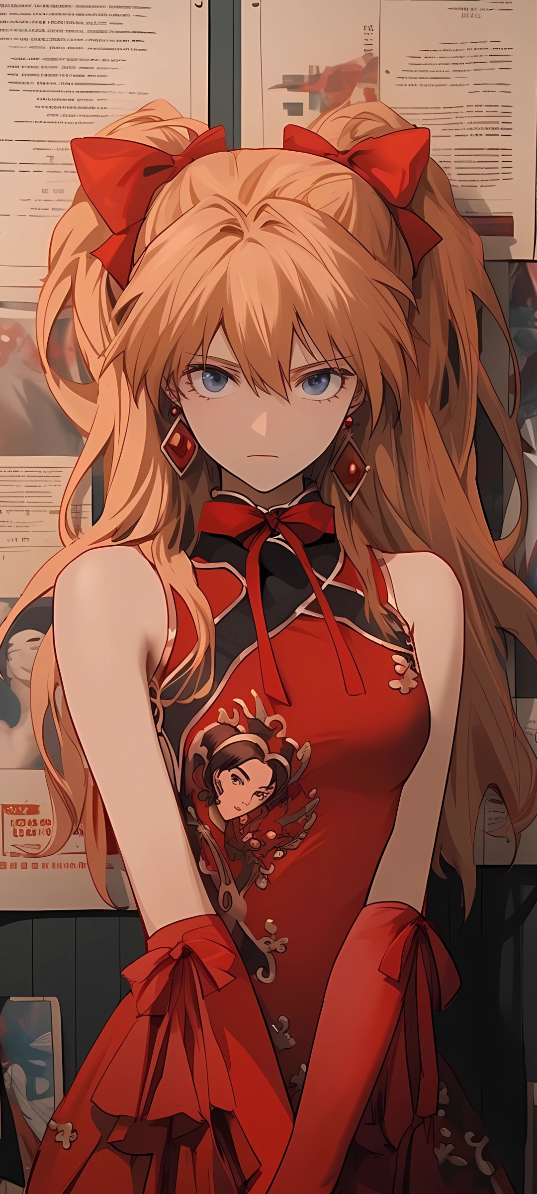 动漫手机壁纸大放送，红衣少女惊艳报纸墙，免费下载尽享精彩！