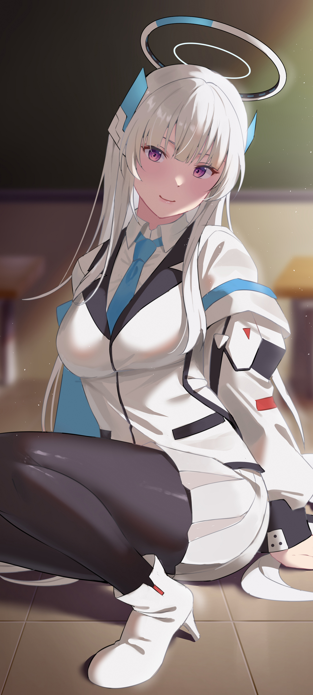 动漫少女头环坐地板，教室风情手机壁纸，免费下载美化桌面
