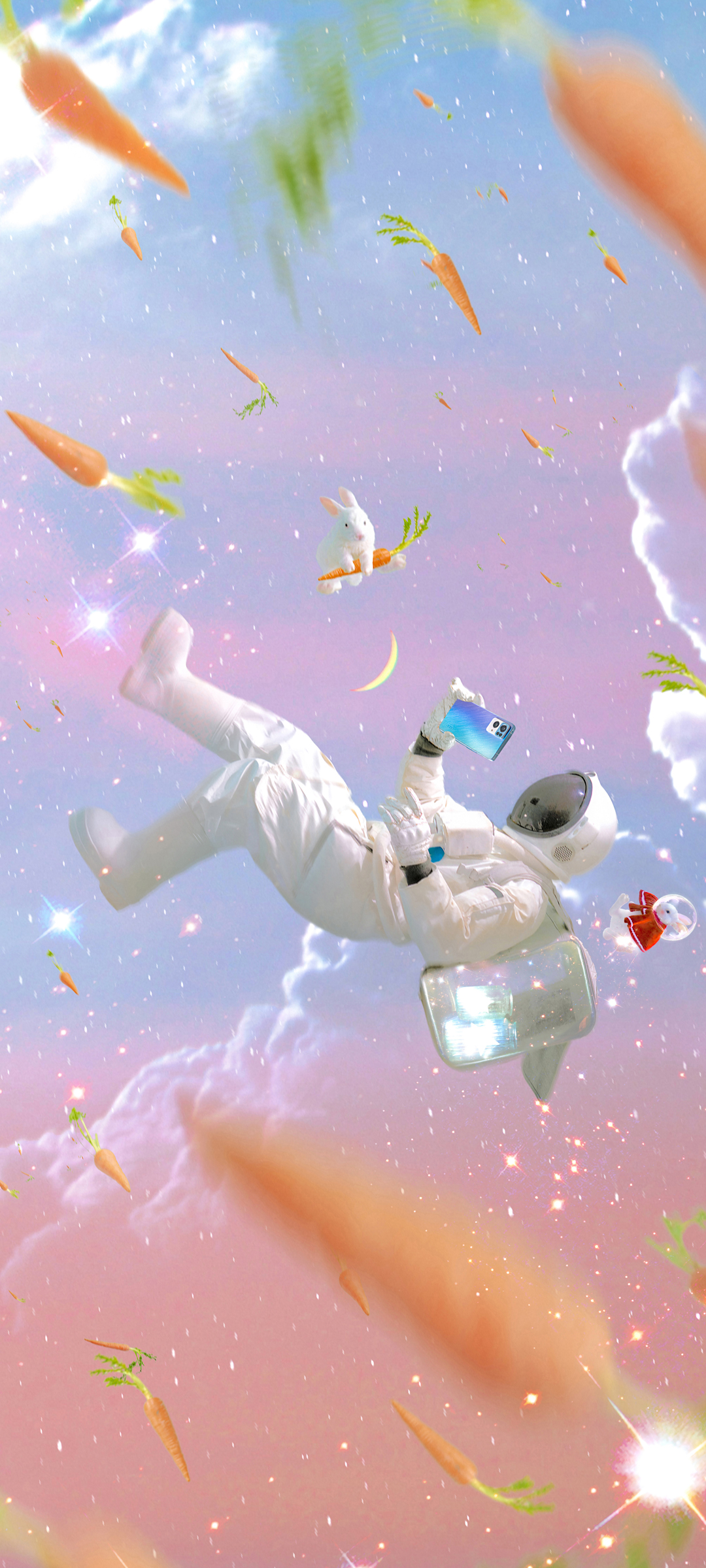 太空奇遇，小兔与红萝卜之旅，创意动漫手机壁纸免费下载