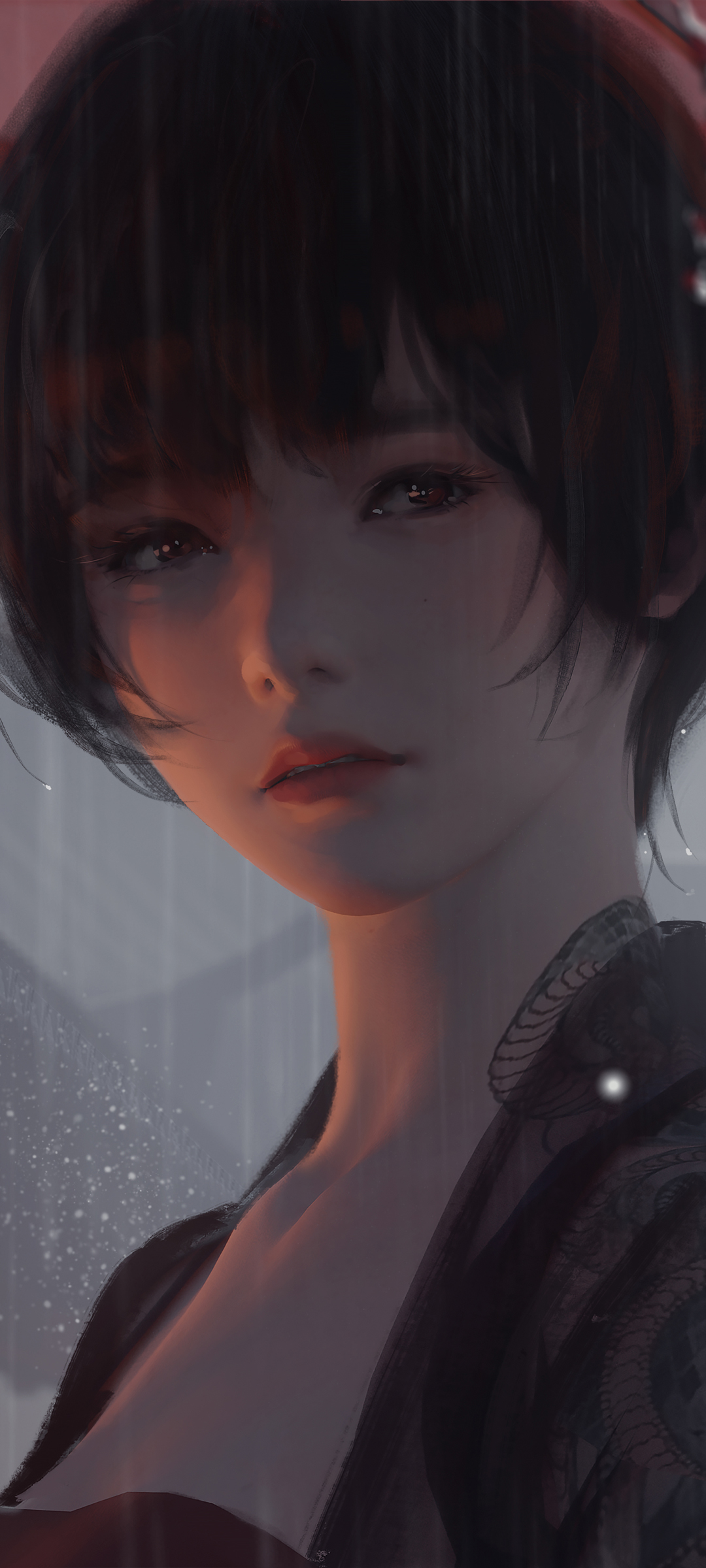 清新短发女神，雨中倩影，厚涂艺术鬼刀，高清手机壁纸免费下载
