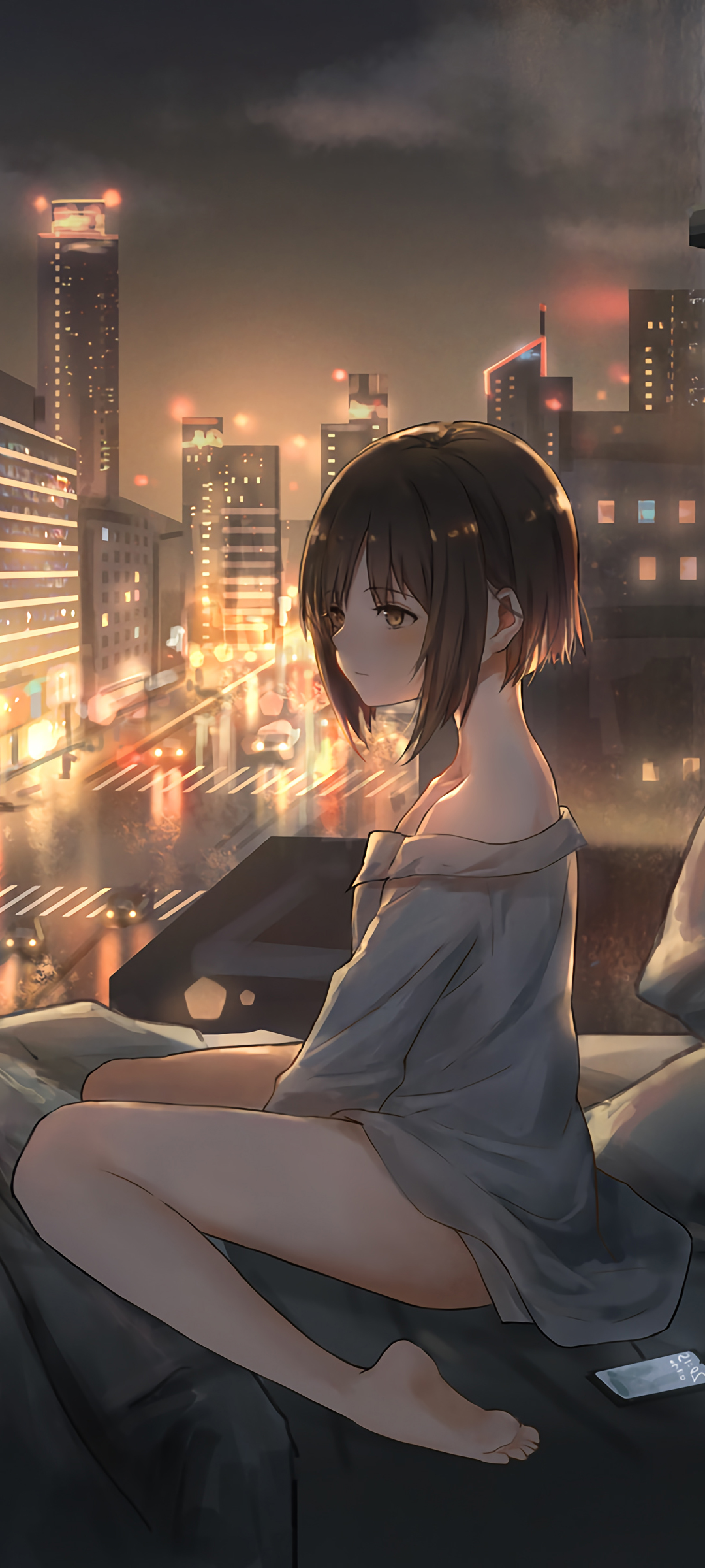 城市夜韵，起床女孩动漫壁纸，免费下载美化手机屏
