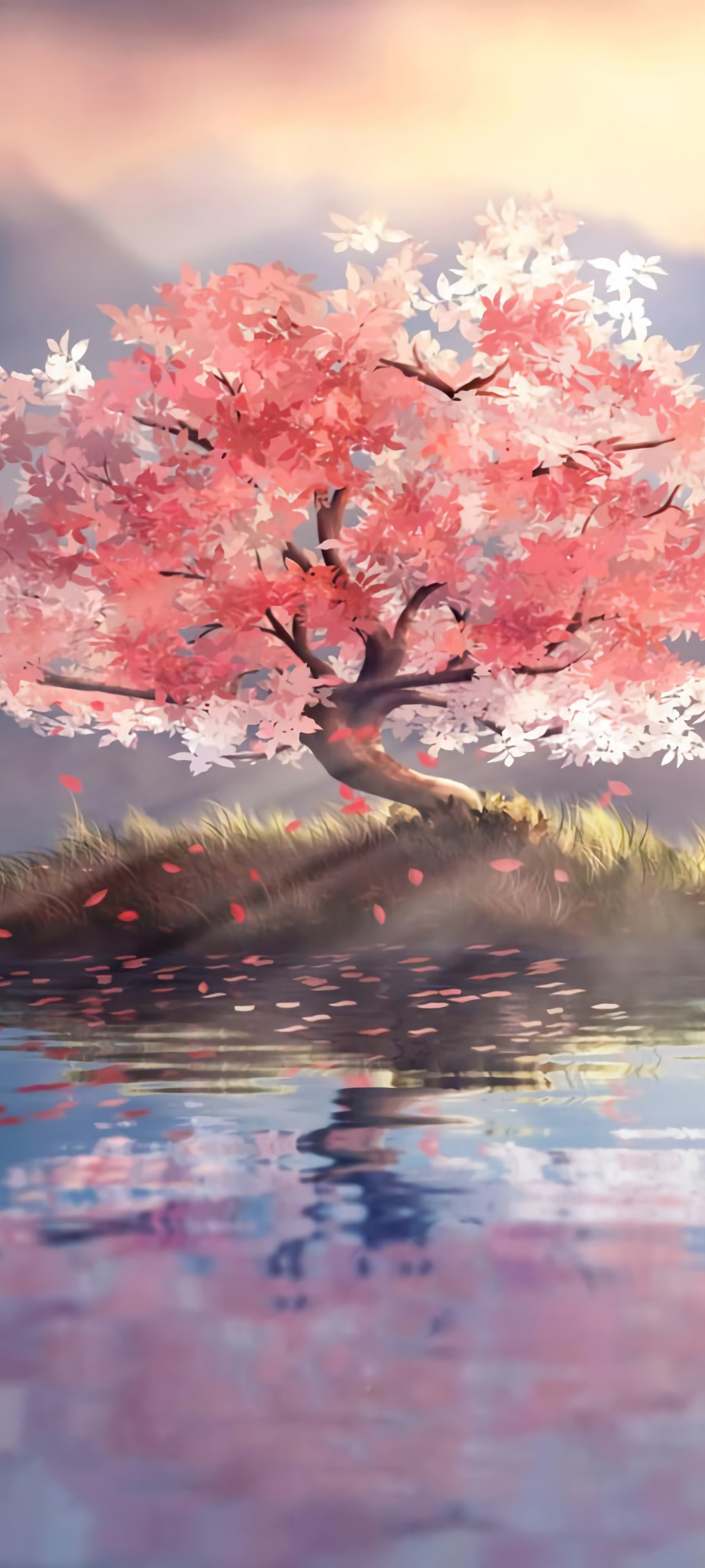孤树映红，湖心唯美景致，免费手机壁纸下载