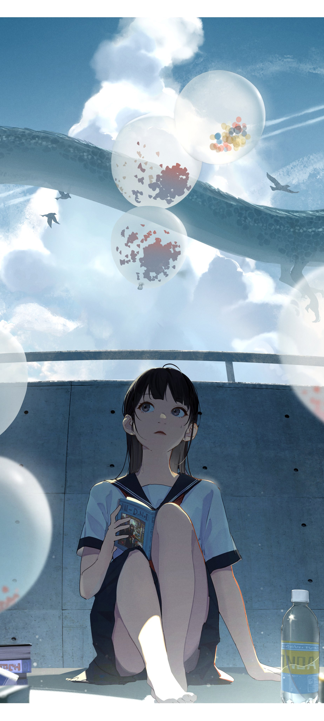 水手服动漫女生坐地赏气球，梦幻天空手机壁纸免费下载
