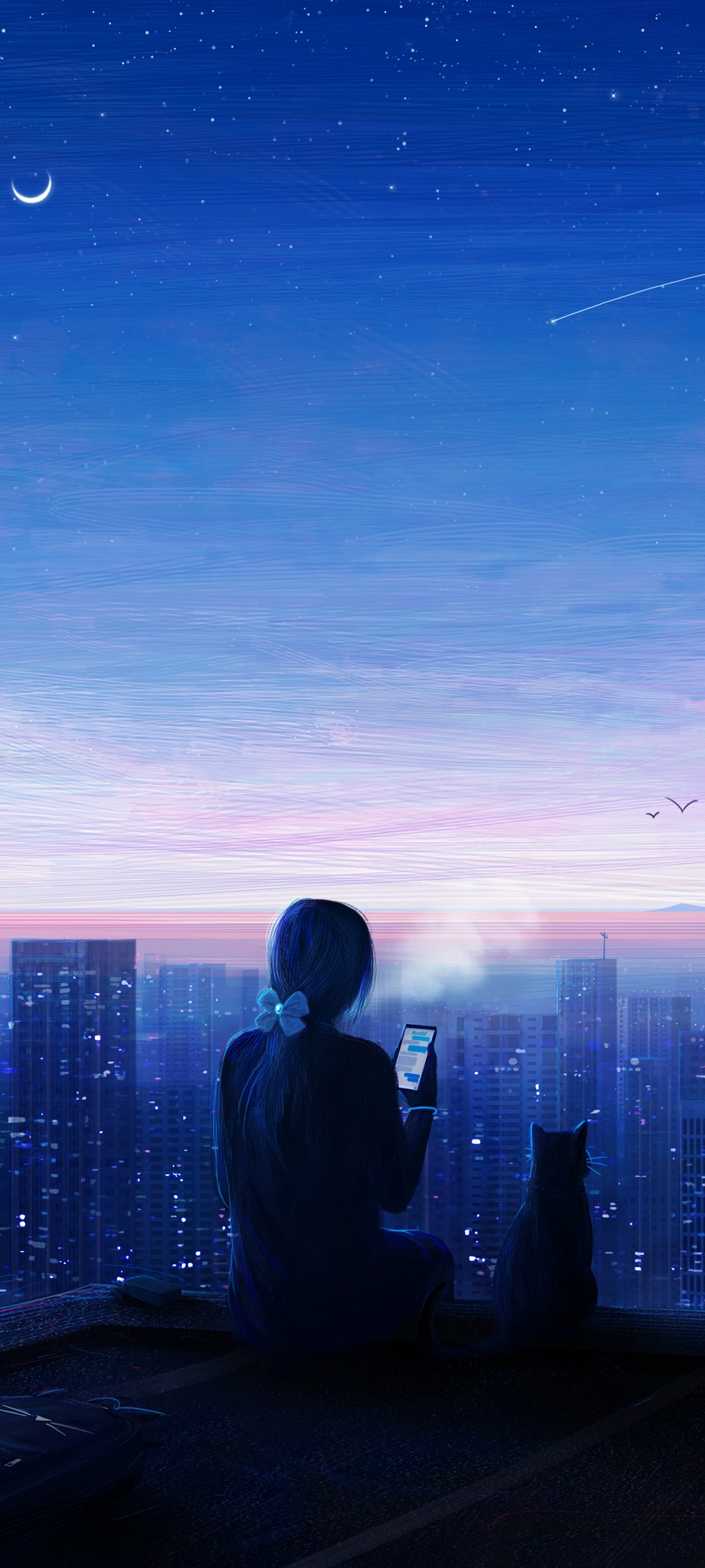 梦幻星空夜，女孩与猫共赏月亮，全面屏动漫壁纸免费下载