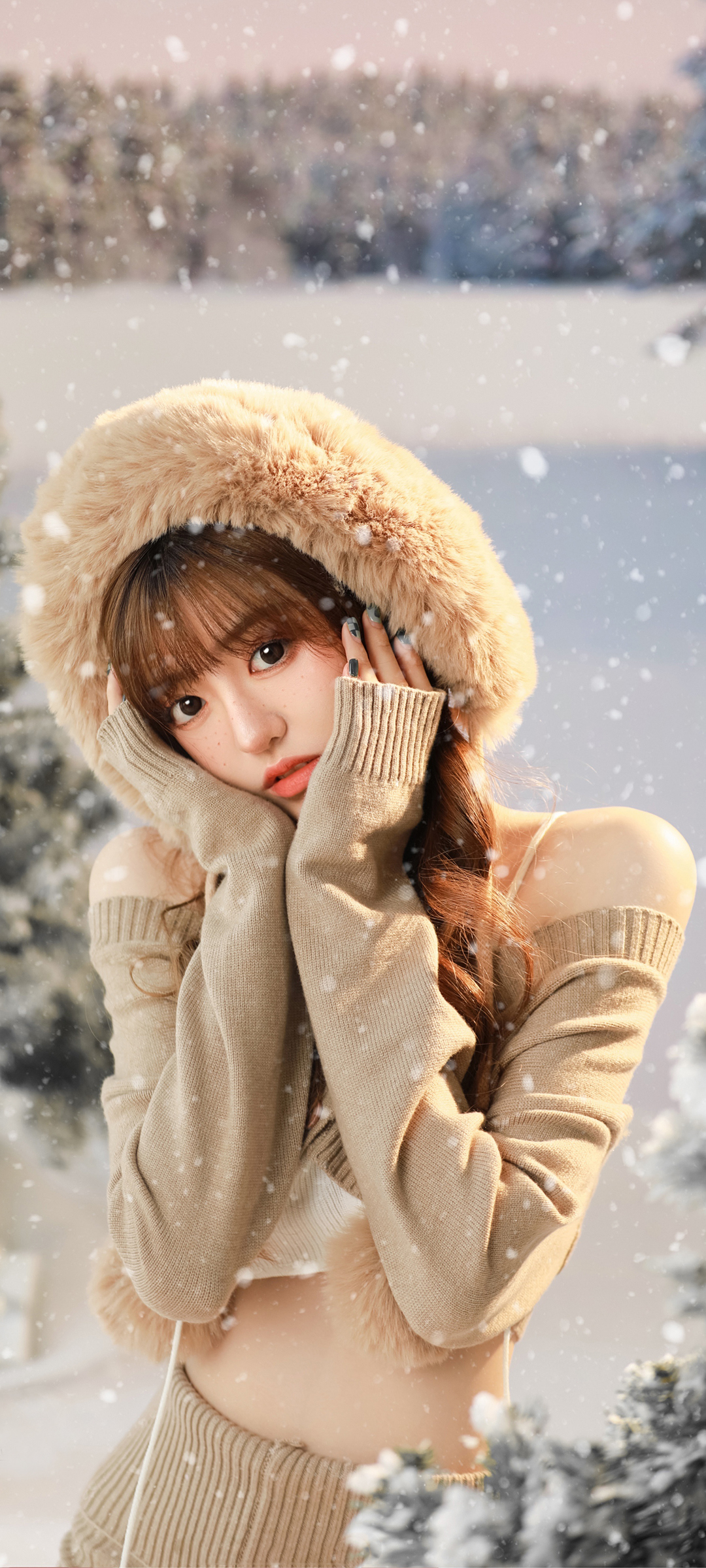 圣诞美女小鹿雪景，高清手机壁纸，免费下载美女图片