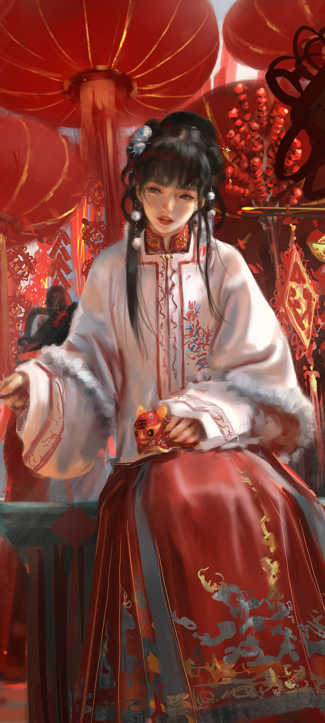 农历新年盛景，春节女孩古装红裙，绝美鬼刀壁纸免费下载