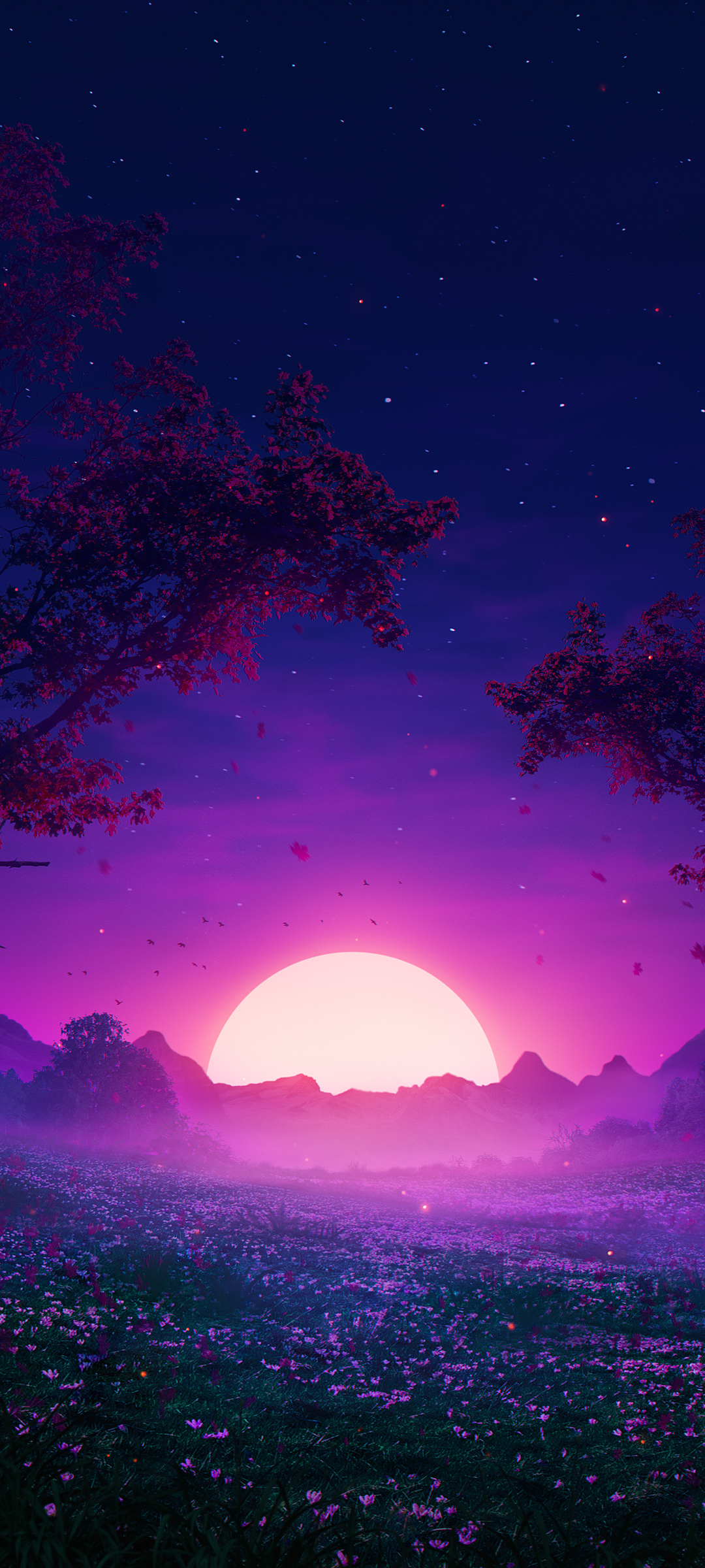 梦幻紫境，鲜花映月，唯美手机壁纸免费下载