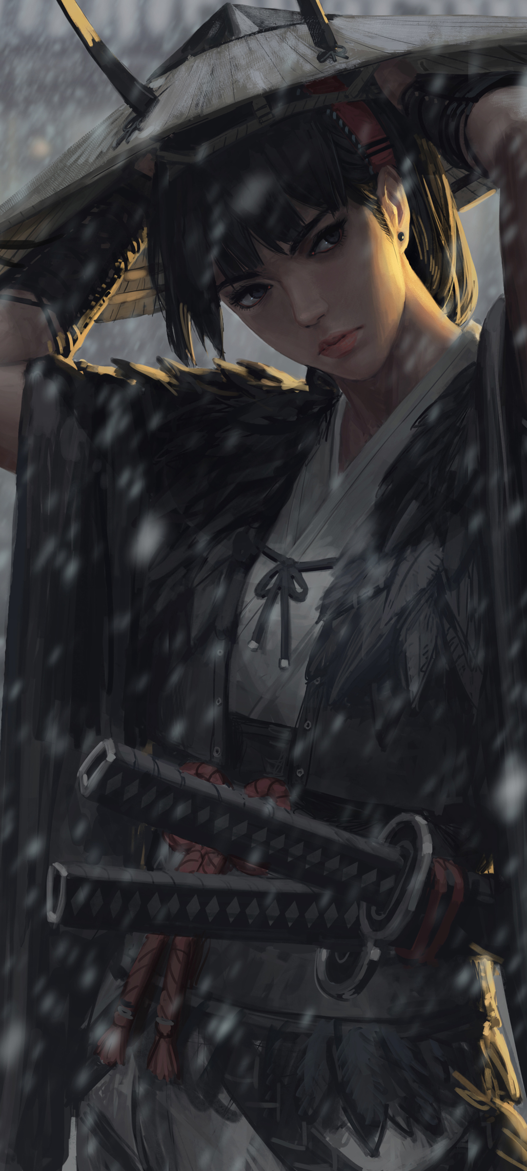 女孩武士风采，斗笠剑刀动漫壁纸，手机专属，免费下载！