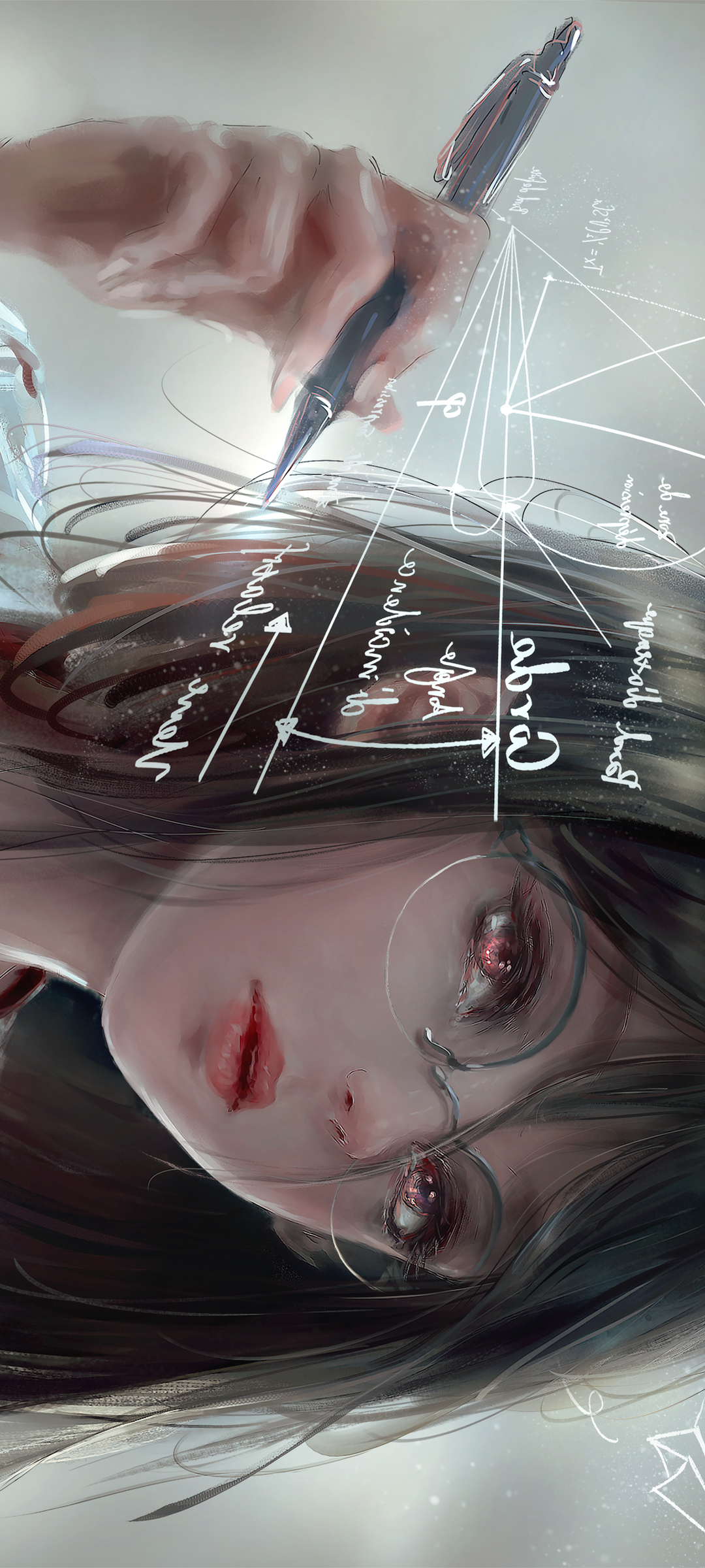 女孩执笔解数学公式，动漫风格全屏手机壁纸，免费下载