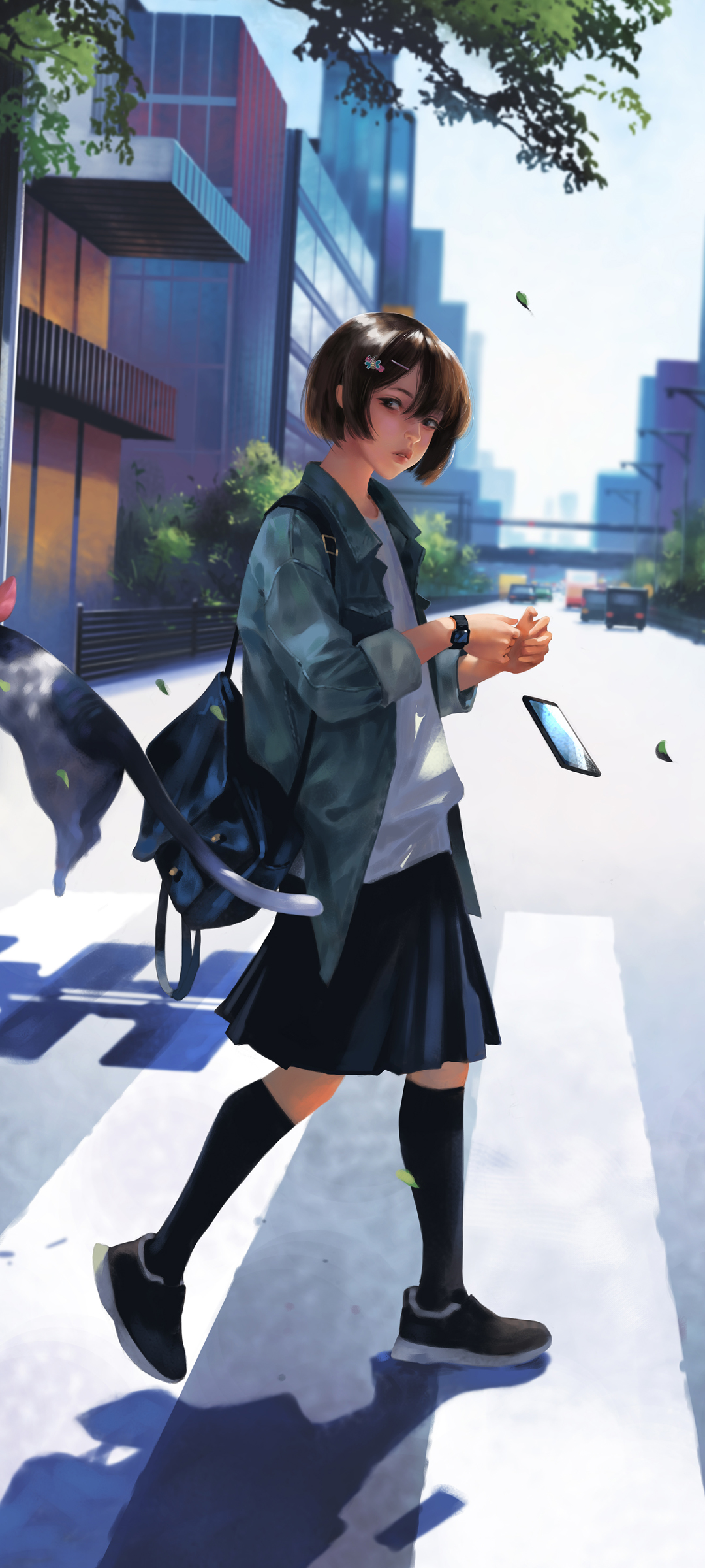 学生人行道上，斑马线旁的猫咪，动漫手机壁纸免费下载！