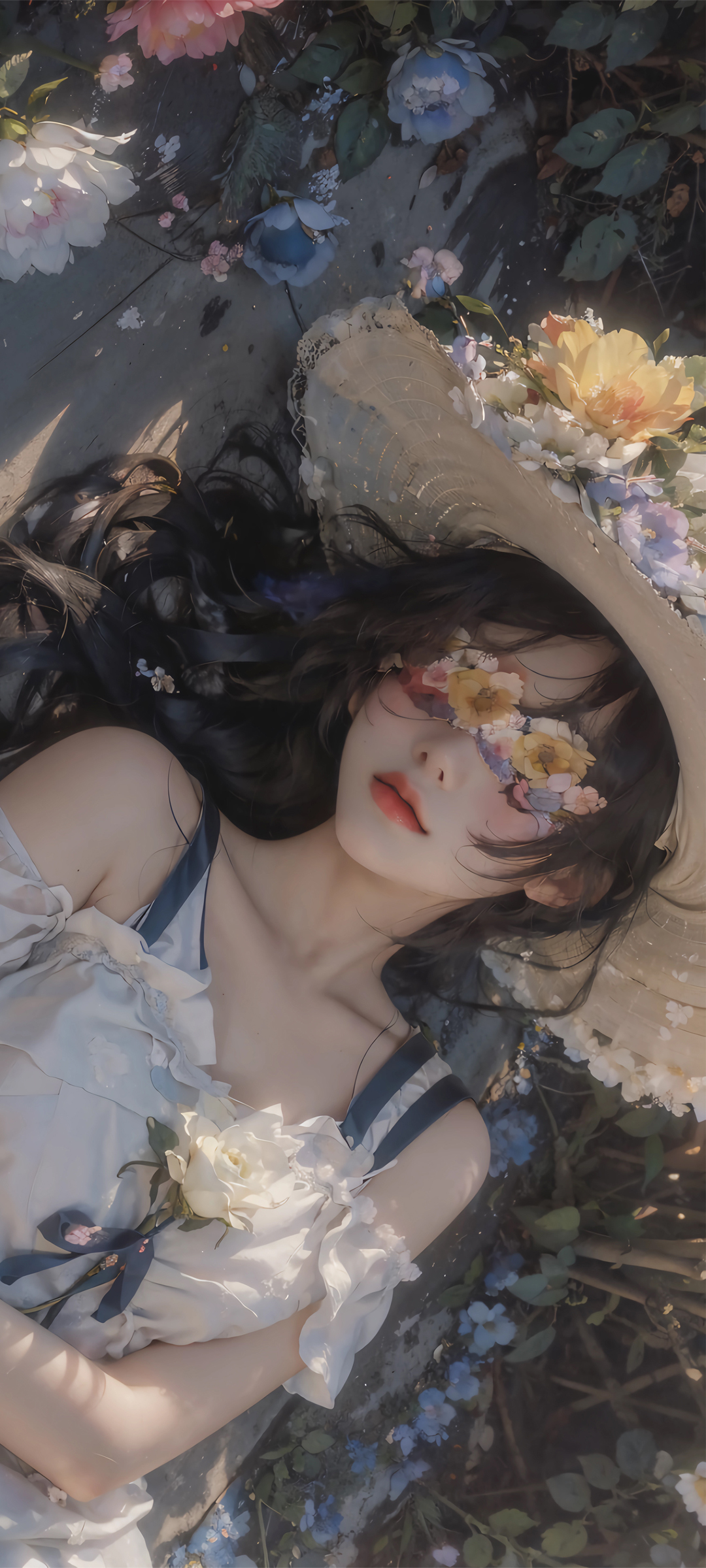 绝美动漫美女手机壁纸，白衣花裙，帽缀鲜花，唯美免费下载