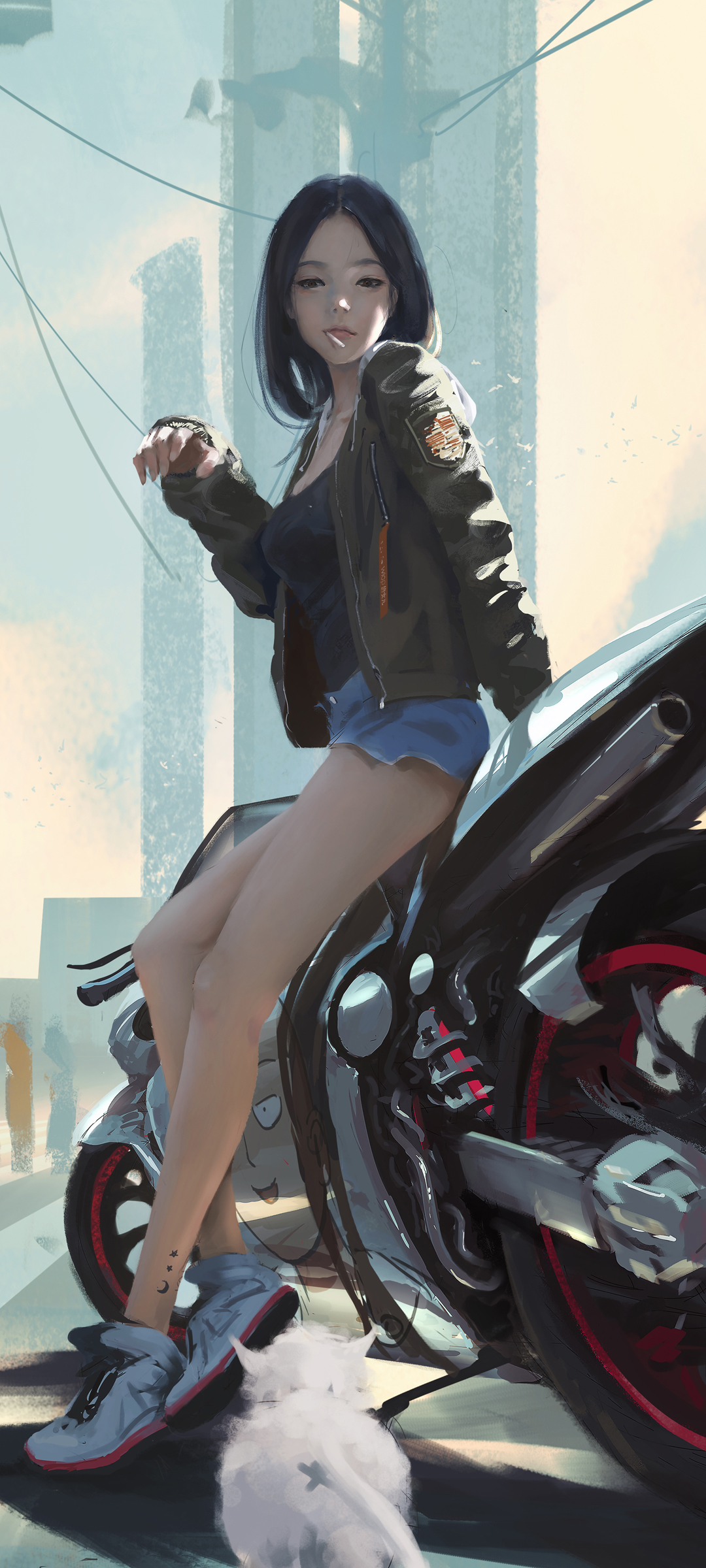 少女风摩托骑士，鬼刀手机壁纸，美腿短裙与运动鞋的魅力瞬间