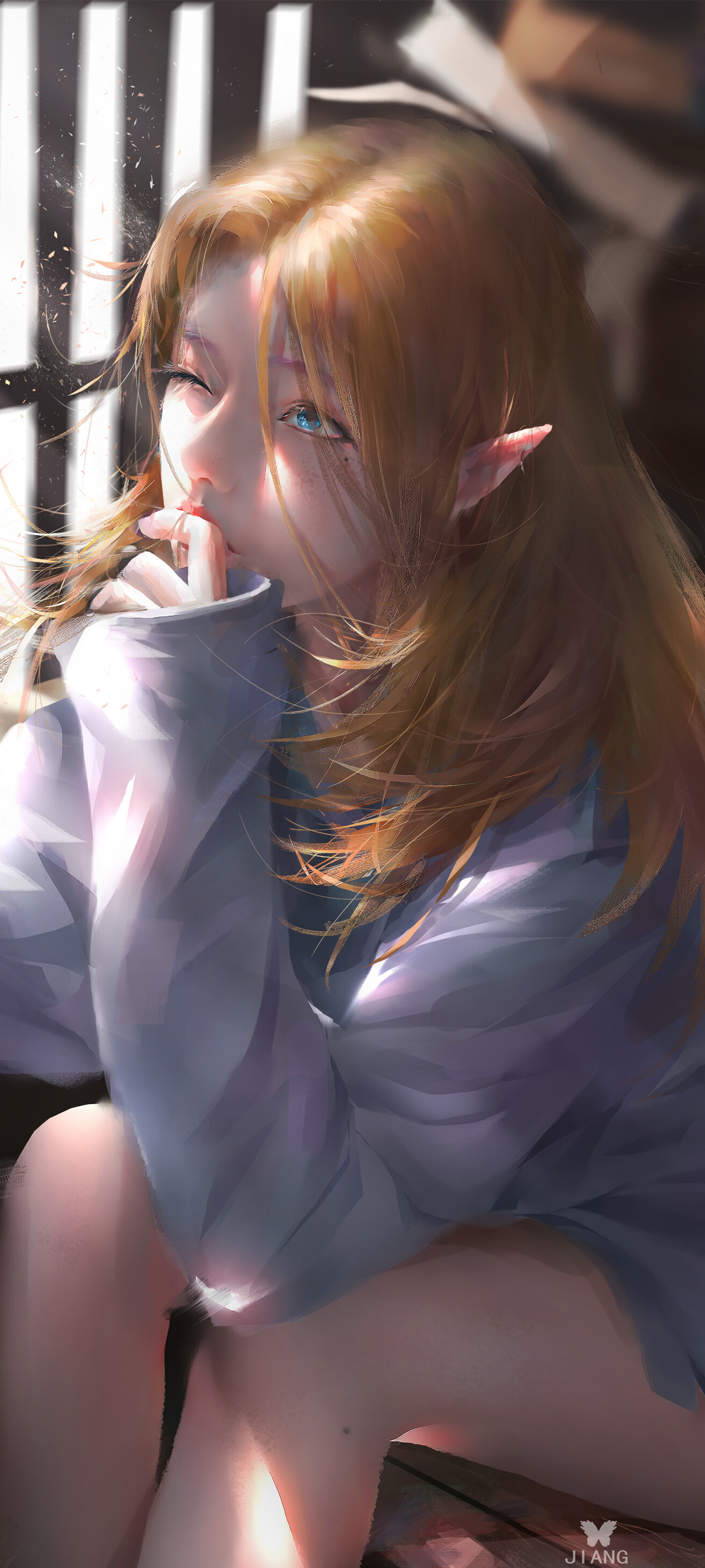 尖耳少女沐阳光，动漫美女美腿全面屏壁纸，高清免费下载欣赏