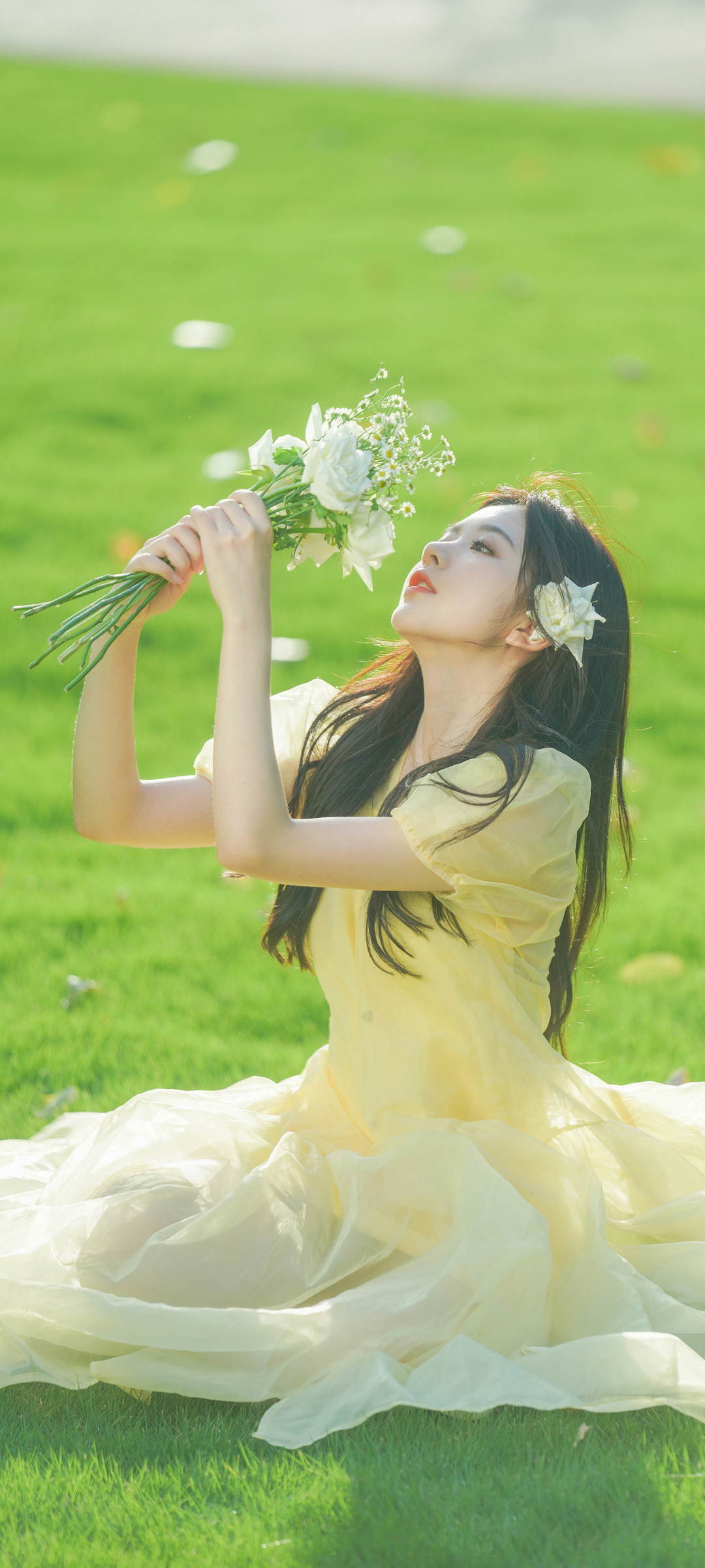 彭十六美女壁纸，绿色草地鲜花背景，高清免费下载