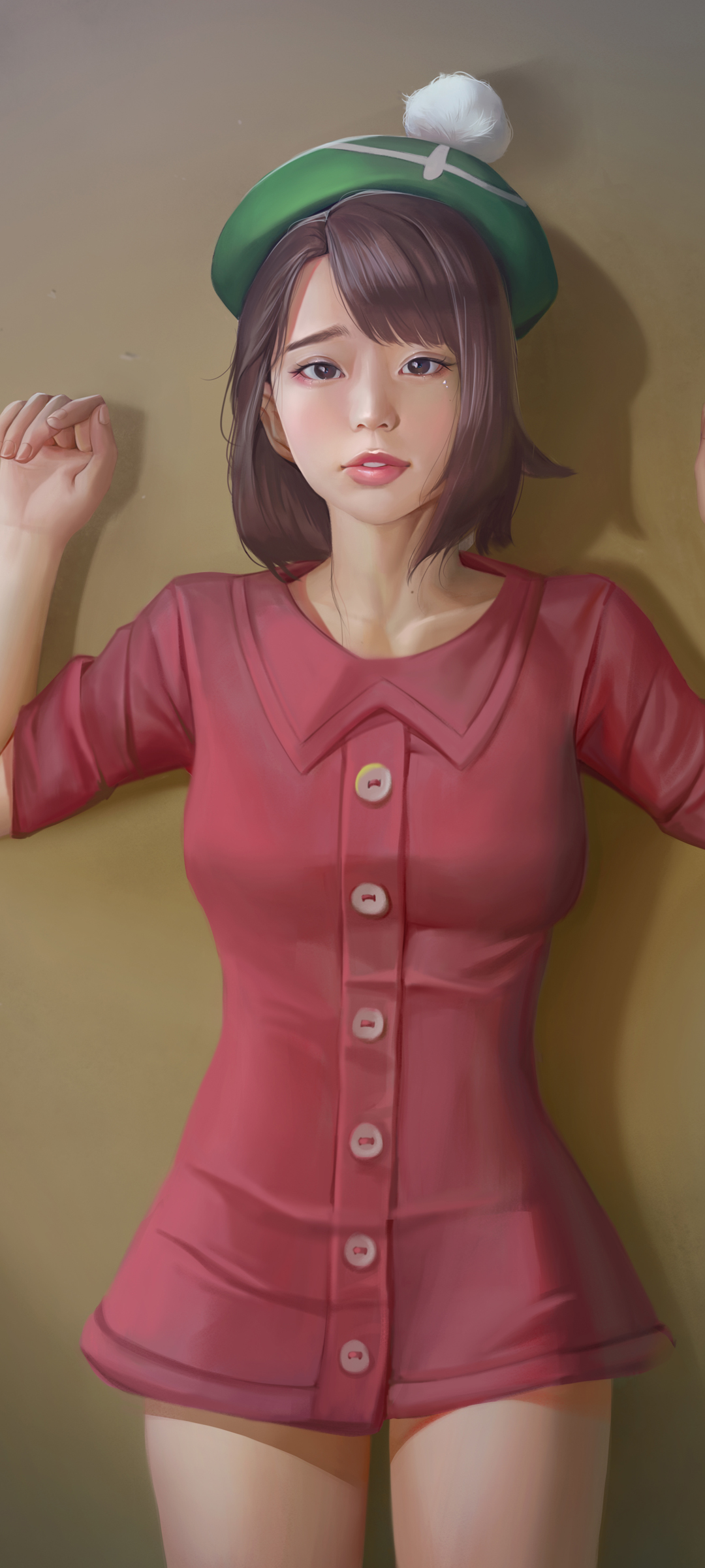 3D美女动漫壁纸，绿帽红裳，全屏高清，免费下载手机背景图