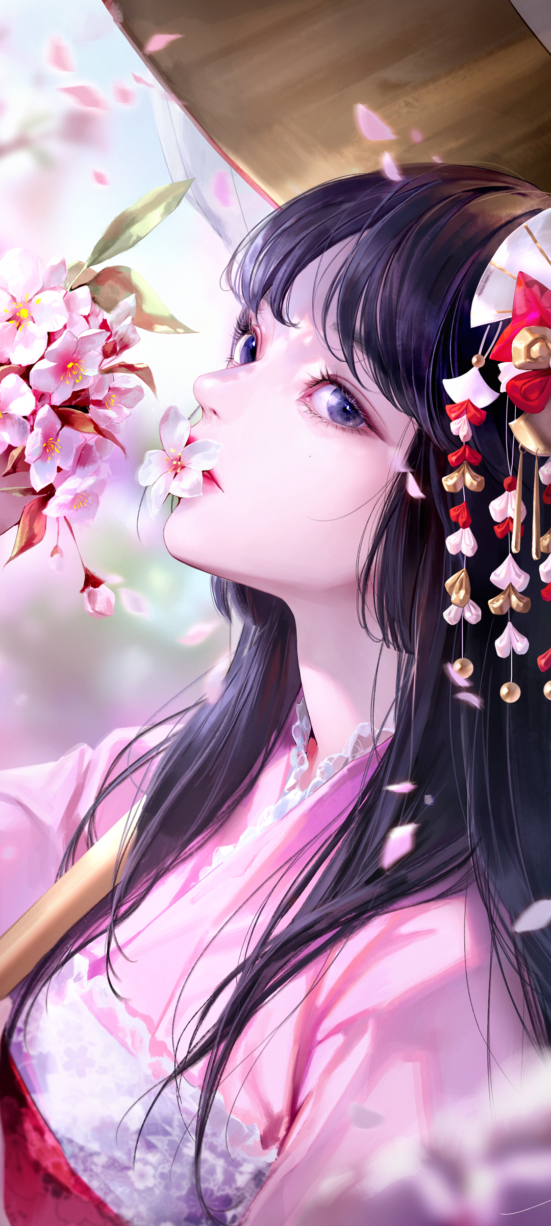 免费下载，嘴咬花的动漫女孩手机壁纸，精美高清无水印