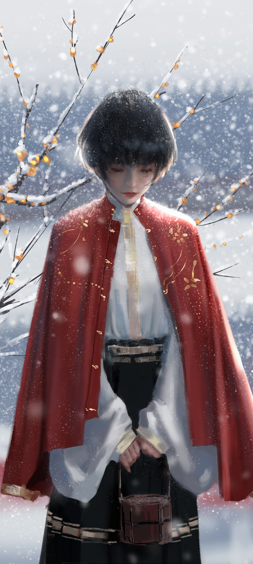 冬日雪舞，波波头短发女孩披风倩影，唯美鬼刀手机壁纸免费下载