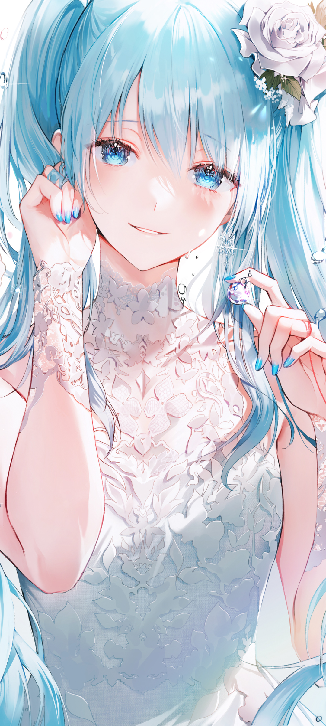 初音未来动漫壁纸，蓝发白衣版，免费下载手机专属背景