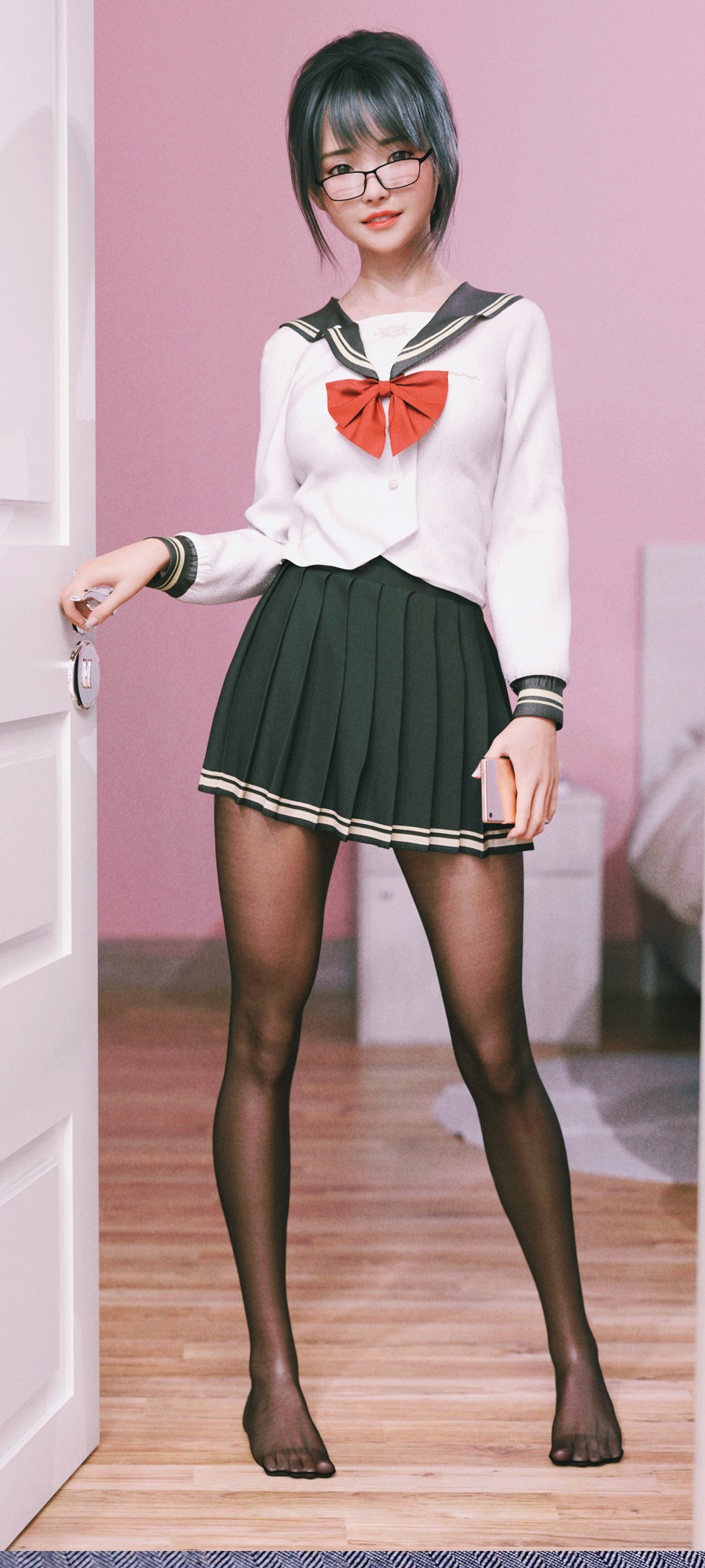 动漫手机壁纸精选，黑丝百褶裙制服少女，免费下载，梦幻开启新视界