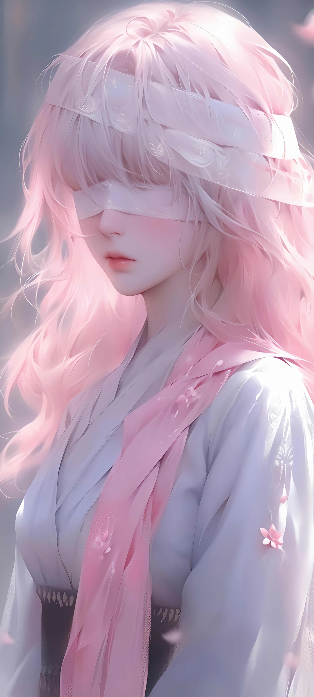 唯美粉色长发蒙眼少女动漫壁纸，高清免费下载，装点你的手机屏幕