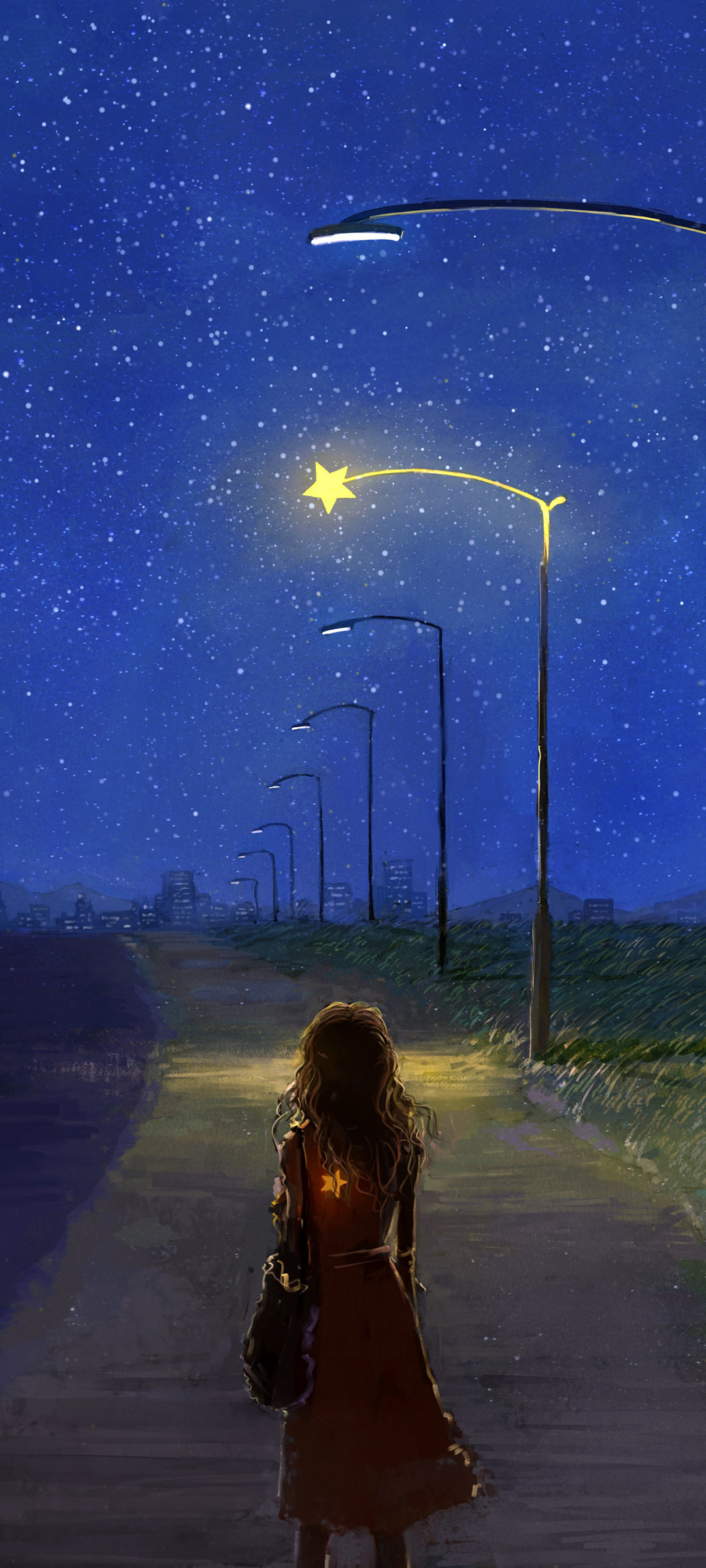夜星路灯映女孩，动漫绘画风格手机壁纸免费下载