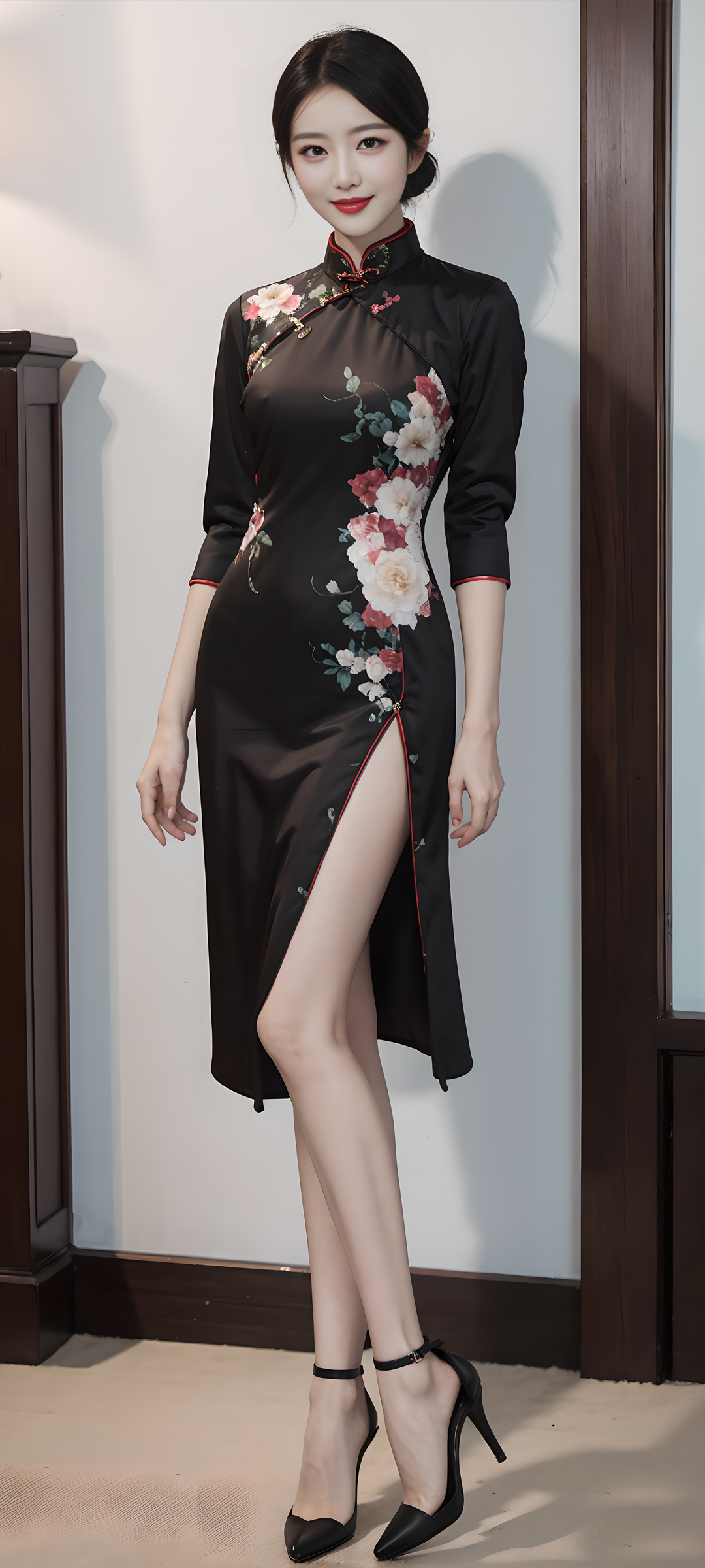 绝美黑旗袍女神AI画作，畅享动漫手机壁纸，免费下载！