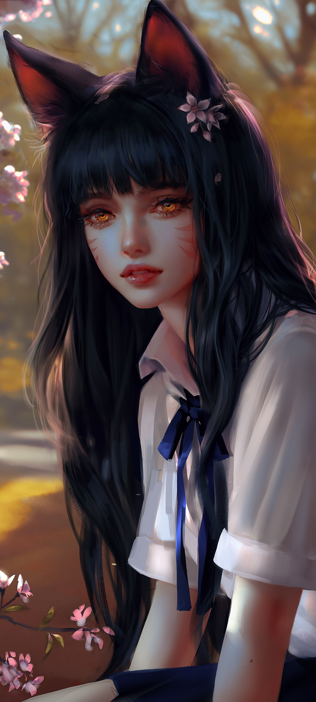 阿狸女孩萌态兽耳，白衣厚涂画，高清动漫壁纸免费下载