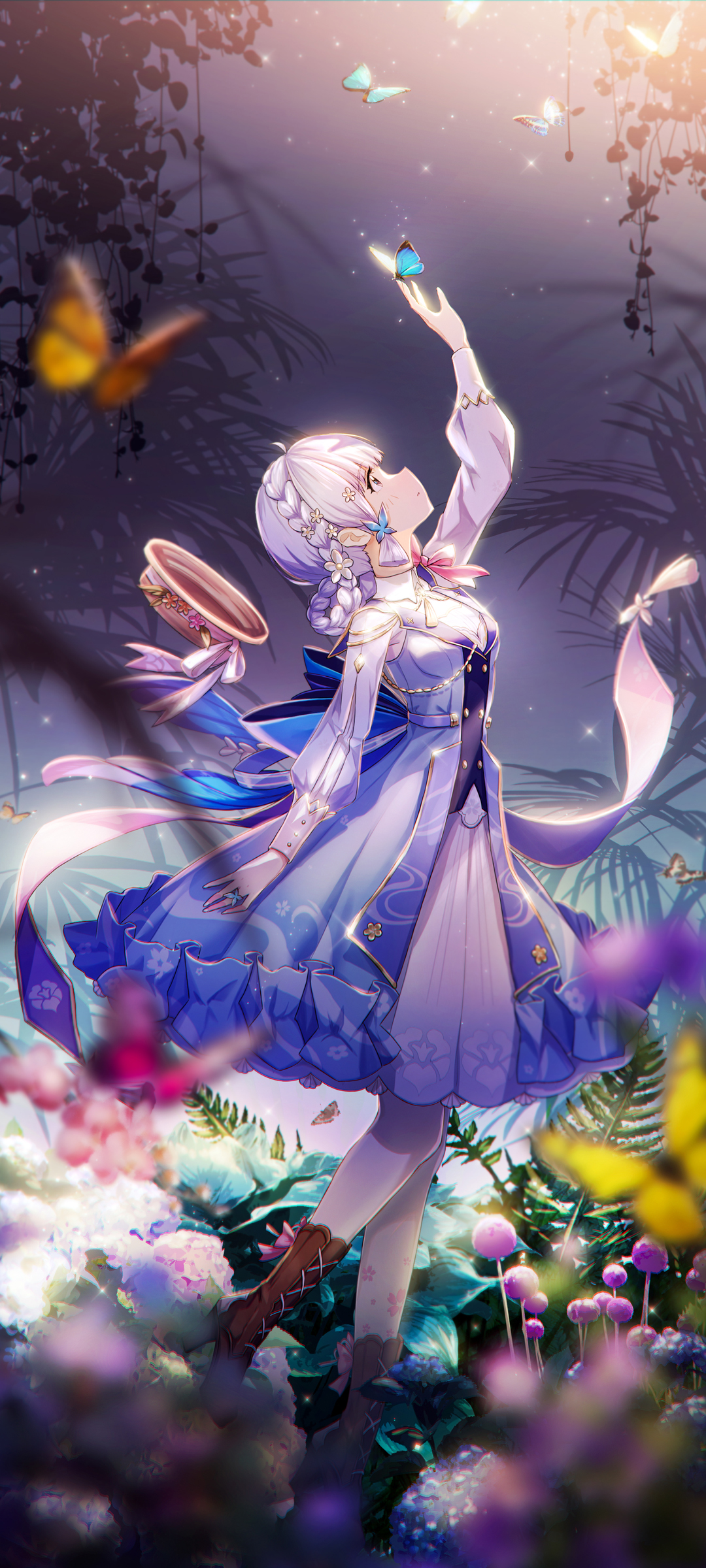 原神神里绫华，花丛中的蝶舞，精美动漫手机壁纸免费下载