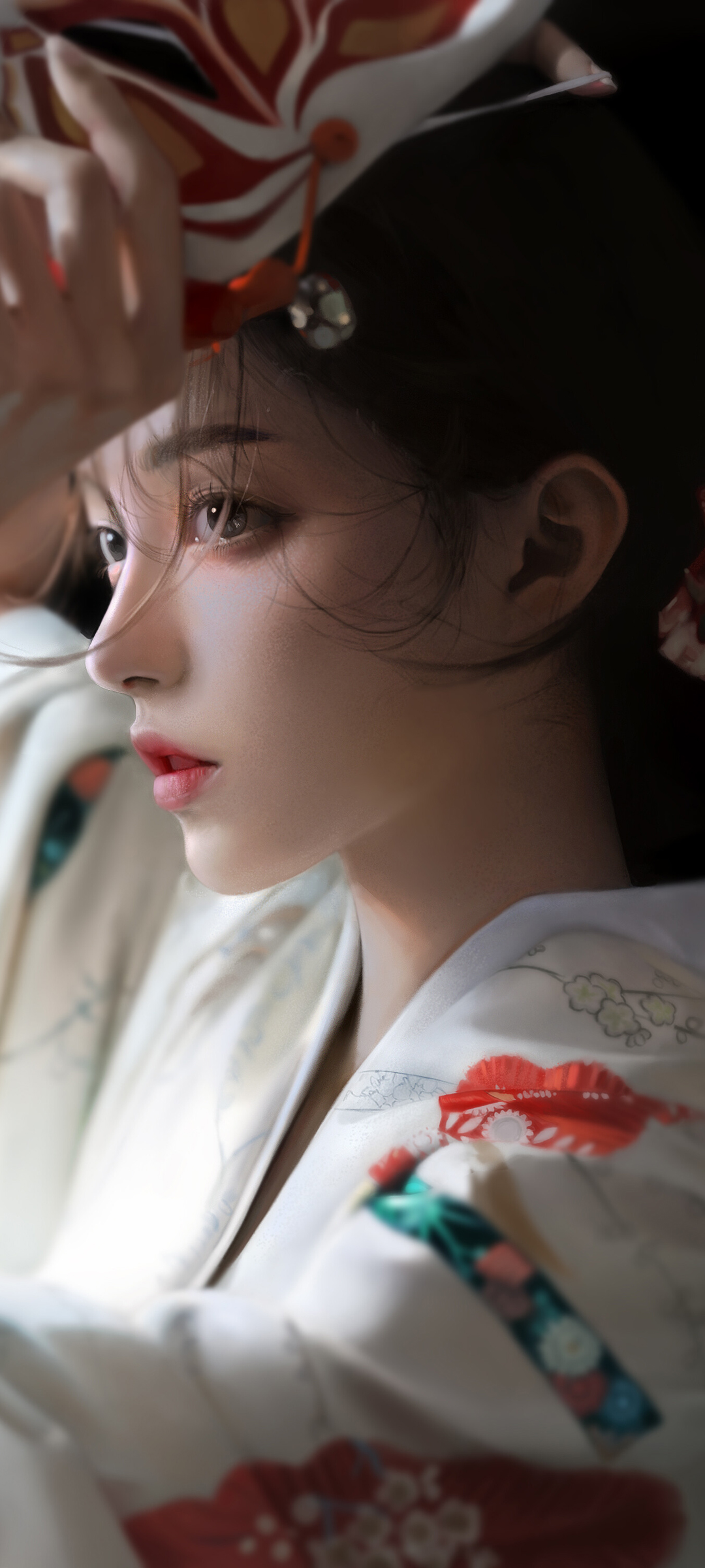 和服美女戴面具全面屏壁纸，高清免费下载