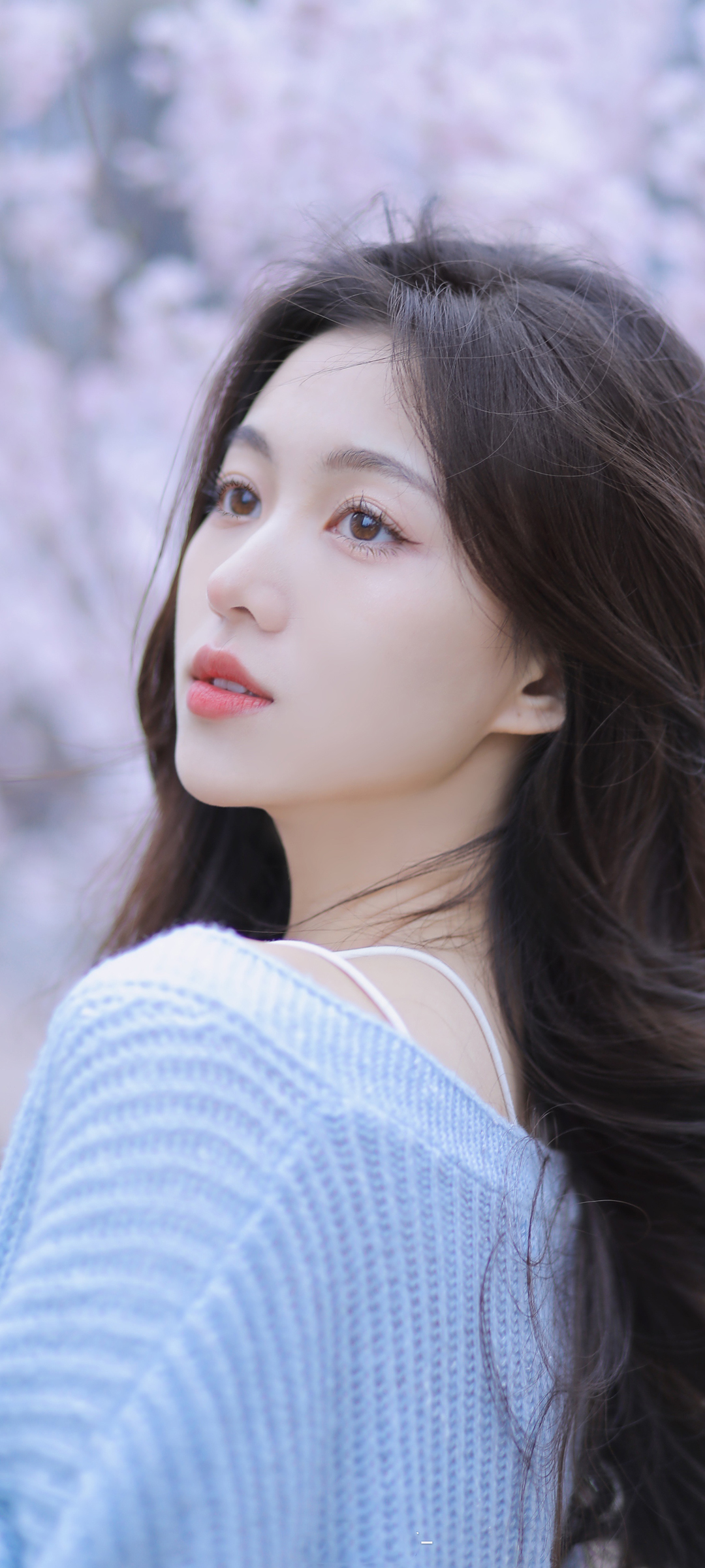 清纯长发美女侧颜，蓝色毛衣温婉动人，精选手机壁纸免费下载
