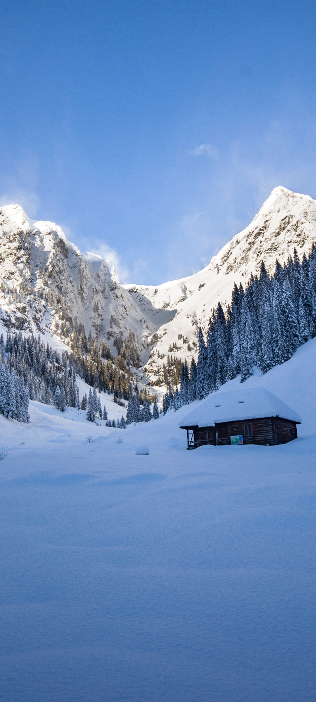 雪山木屋美景，免费手机壁纸下载，清新背景图随心换
