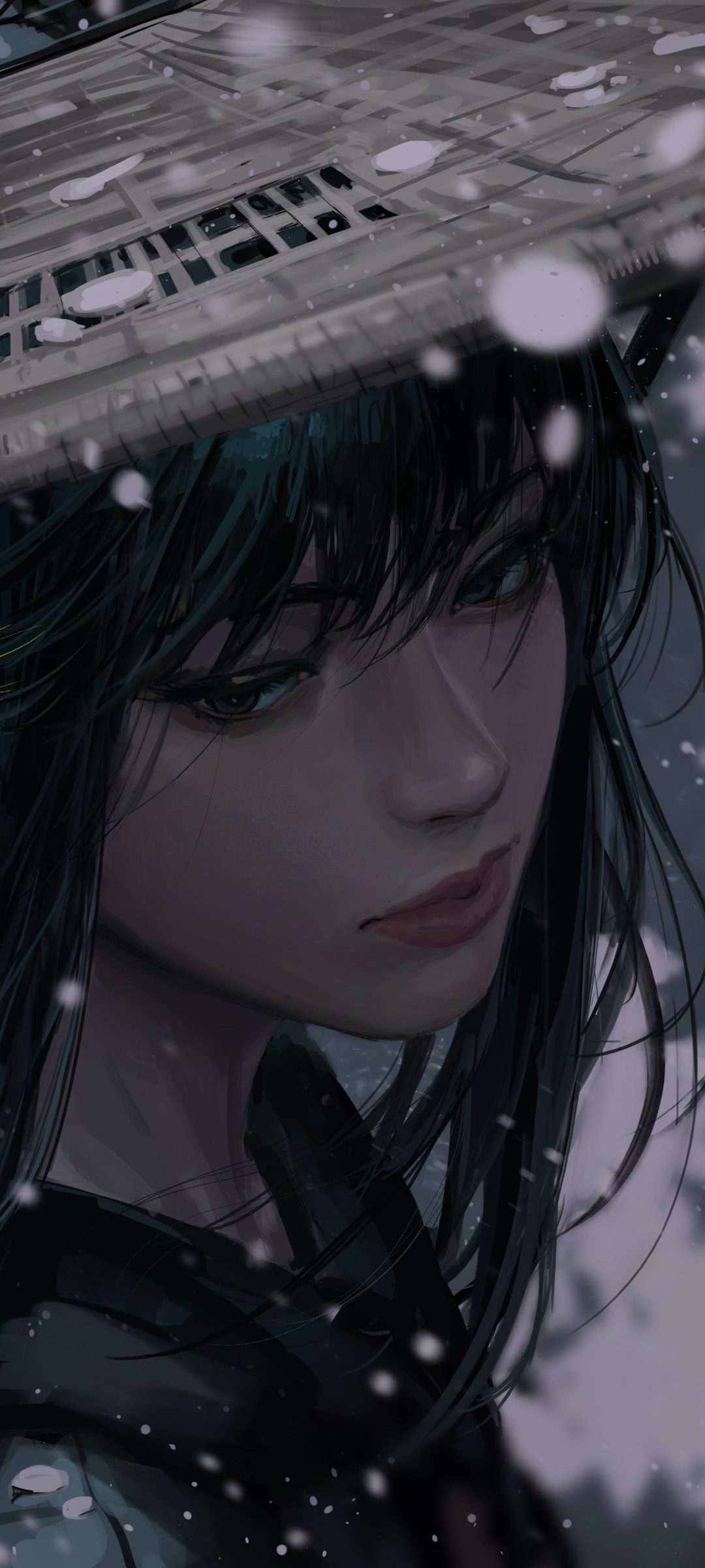 武士美女斗笠雪景，唯美动漫全屏手机壁纸，免费下载