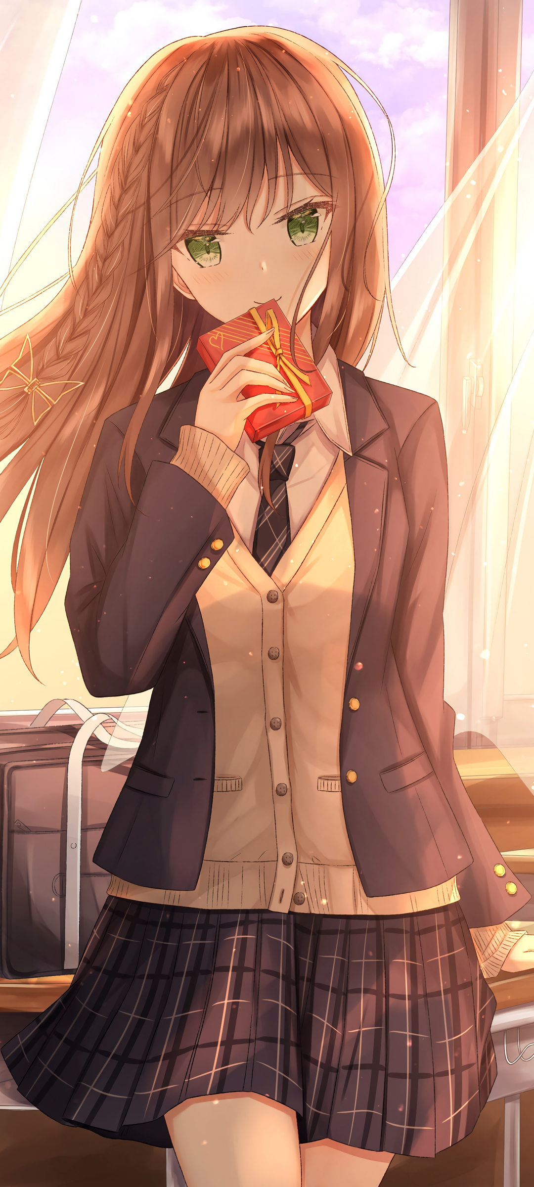 放学时光，长发女孩穿学生裙制服，动漫美女手机壁纸免费下载