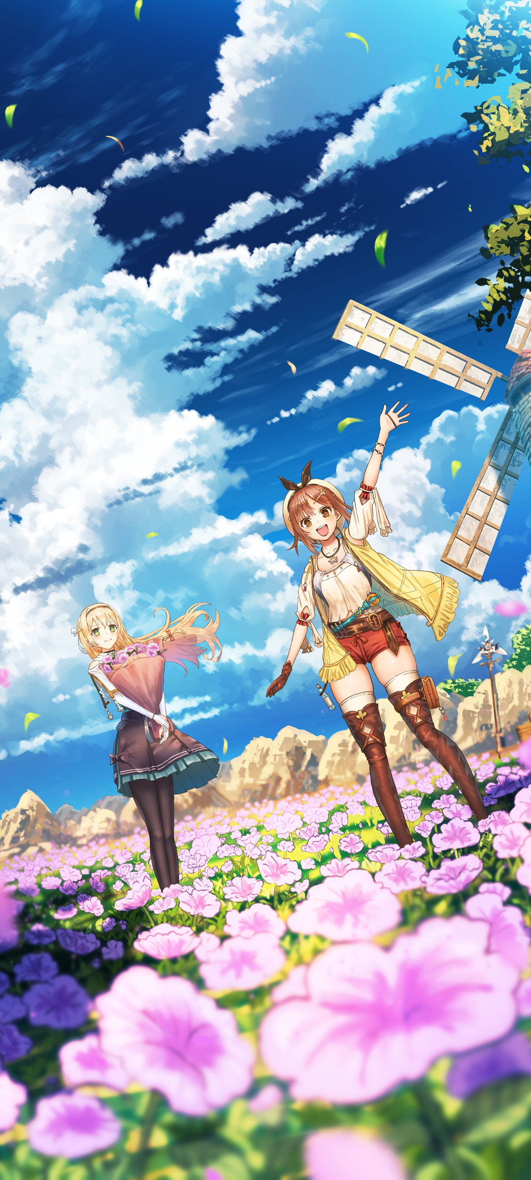 动漫风，女孩捧花映蓝天，唯美花海壁纸免费下载